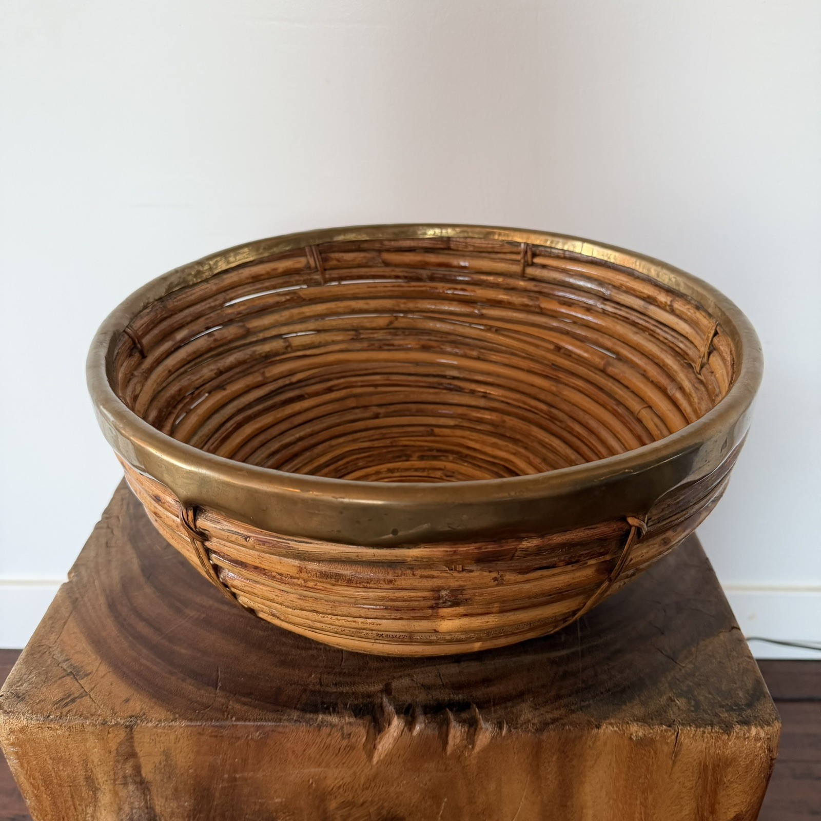 Italian Pencil Reed Rattan & Brass Basket Bowl Crespi Style
