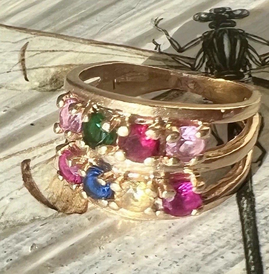 Vtg Estate 1980s 14k Yellow Gold Split Shank Ring Multi Gemstones 5.2g Sz 5.5