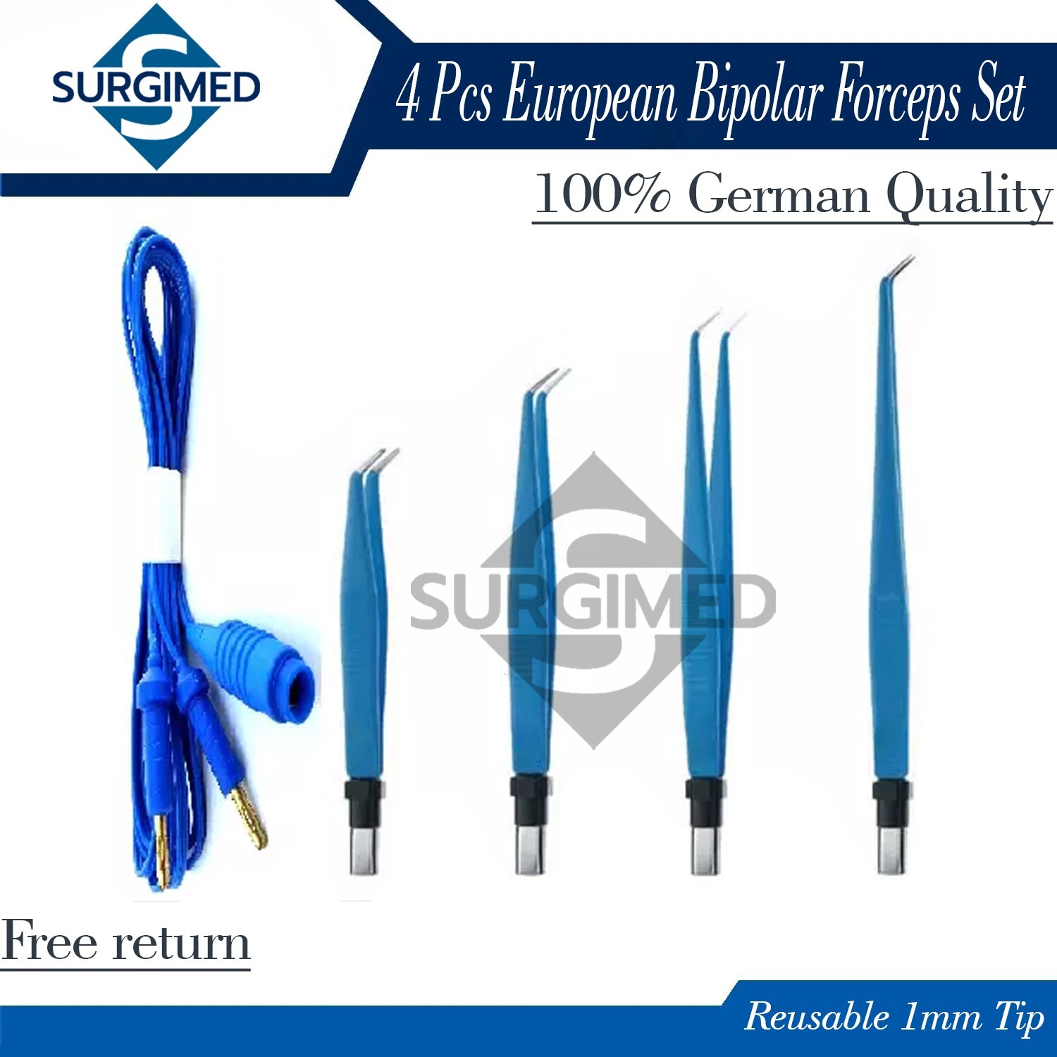 4 Pcs European Bipolar Forceps Set Curved 1mm Tips Reusable With Cord CE - USA 4 Pcs European Bipolar Forceps Set Curved 1mm Tips Reusable With Cord CE - USA