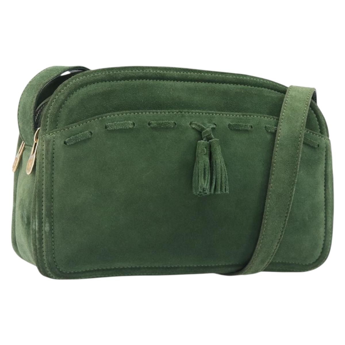 CELINE Shoulder Bag Suede Green Gold Tone Auth gh2386