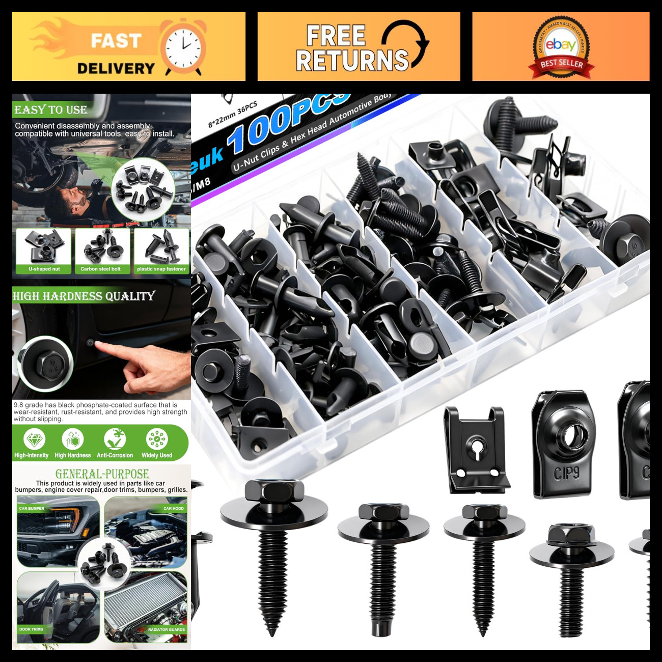 100PCS U-Nut Clips & Hex Head Bolts Kit for Automotive Body, Fender & Engine Cov