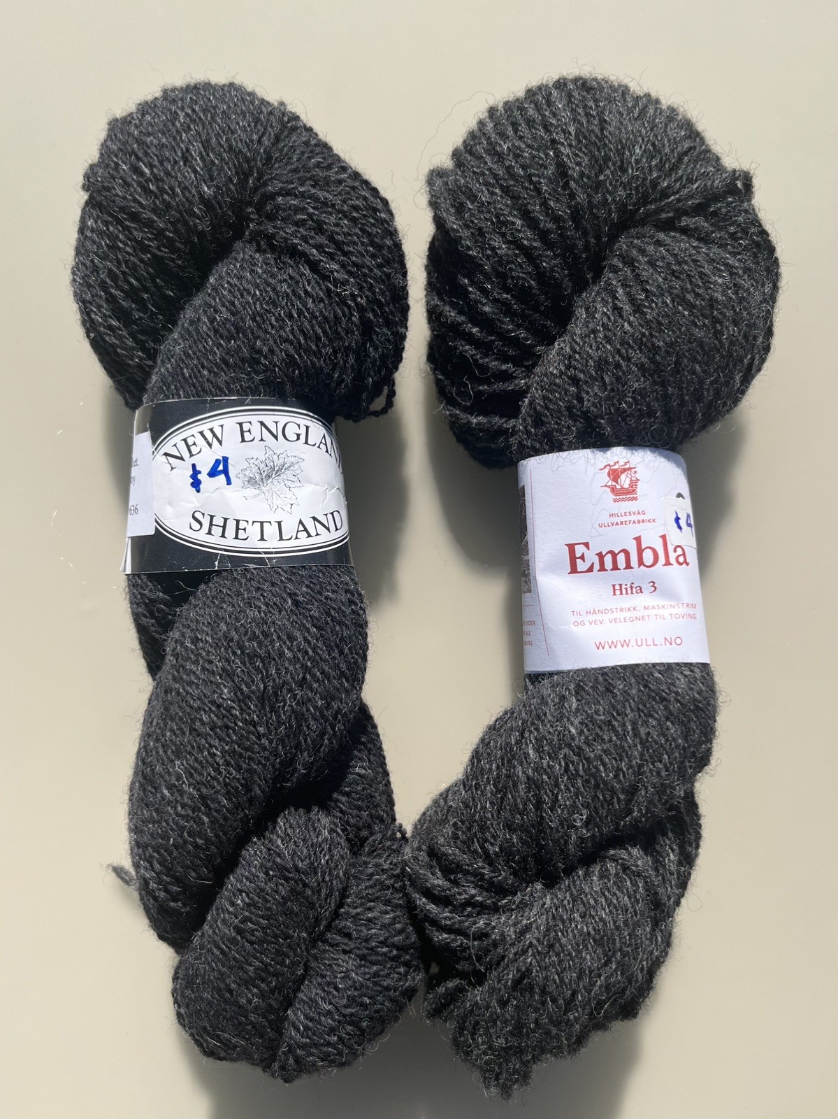 Lot of two 100% Wool skeins Ebony Color, Harrisville Designs + Embla, 100g total