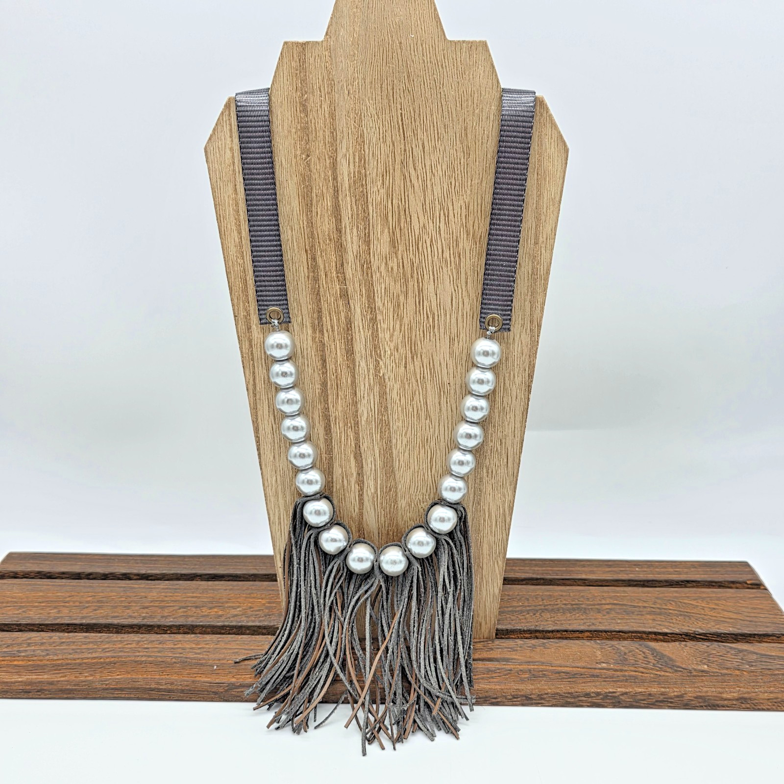 Plunder December Posse Silver Pearl Necklace Brown Ribbon Leather Fringe 28”