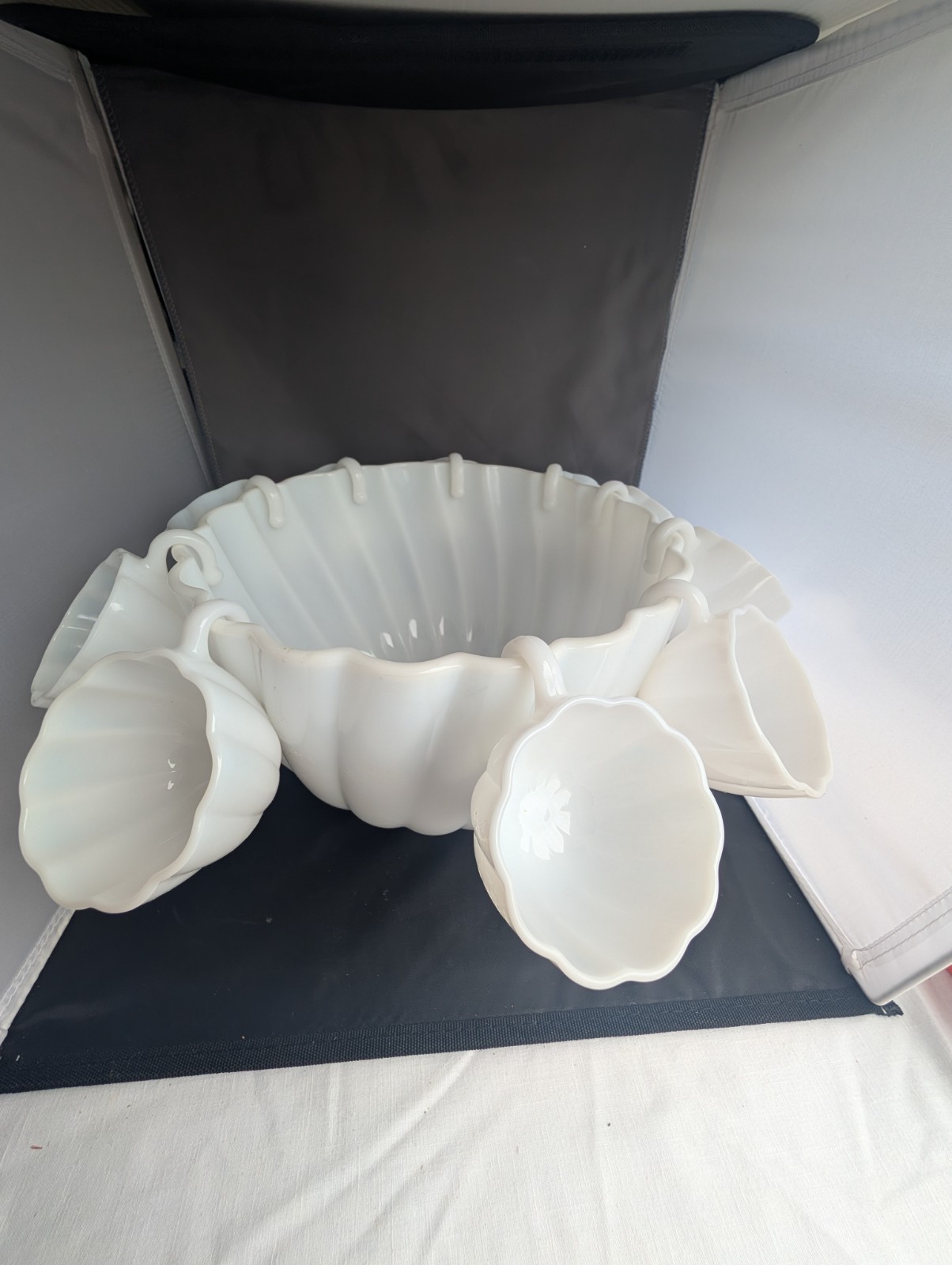 Vtg Hazel Atlas Milk Glass Alpine White Swirl Punch Bowl 12 Cups W Vtg Ladle