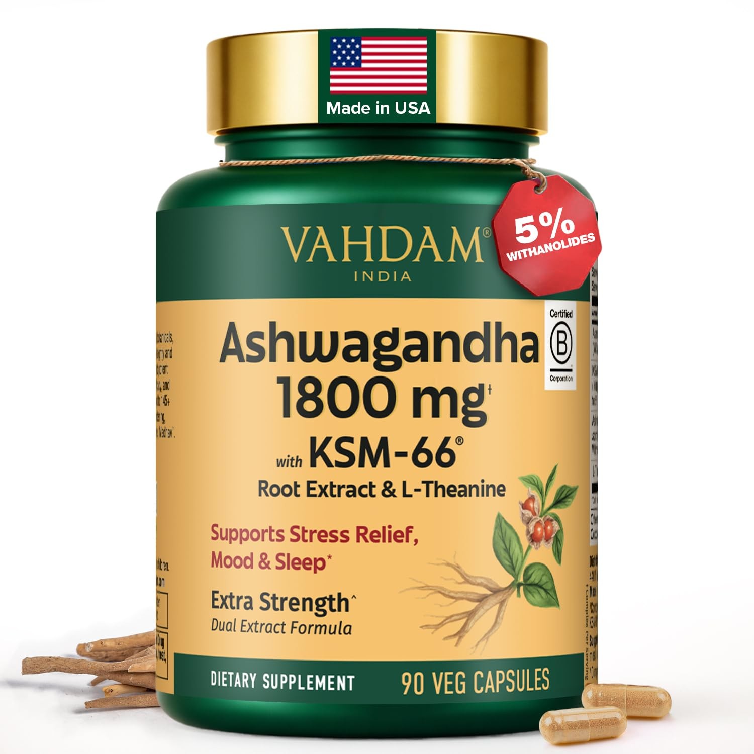 VAHDAM Ashwagandha Supplement 1800mg with Ashwagandha Root Extract and LThean...
