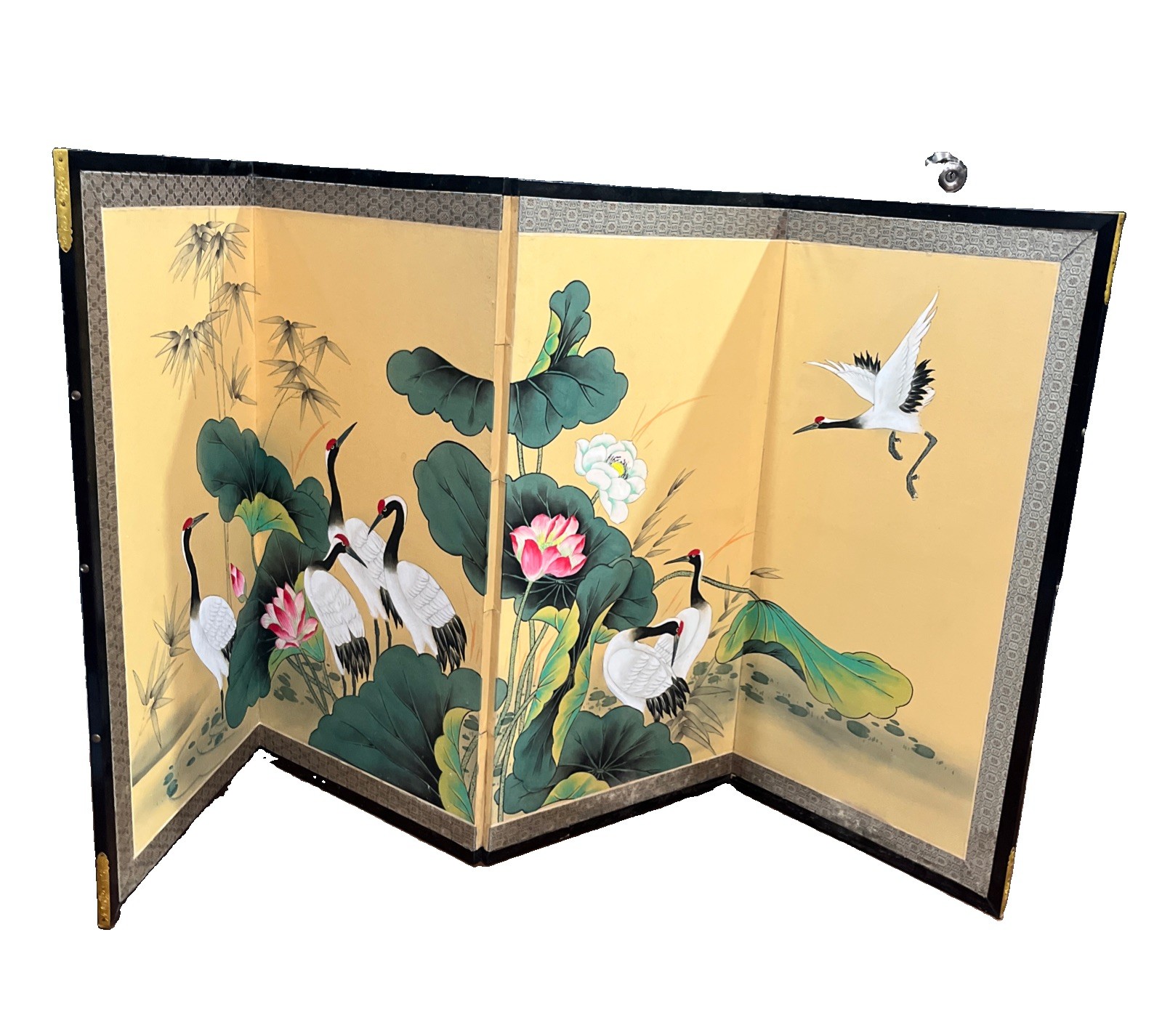 Vintage Large Japanese  4 Panel Folding Silk Screen Cranes Lily 67.5” L 34” Tall