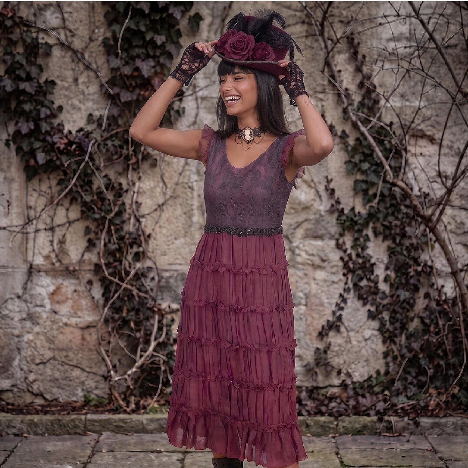 Vintage J. Peterman 100% Silk Dress – Black Lace & Burgundy Tiered Ruffle Dress 