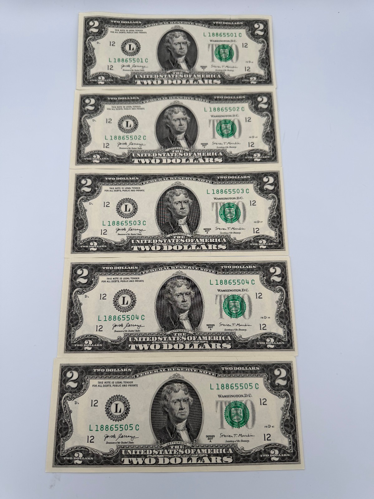 2$ Two Dollar Bills Set of 5 Consecutive 2017A Notes Crisp UNC Uncirculated 2$ Two Dollar Bills Set of 5 Consecutive 2017A Notes Crisp UNC Uncirculated