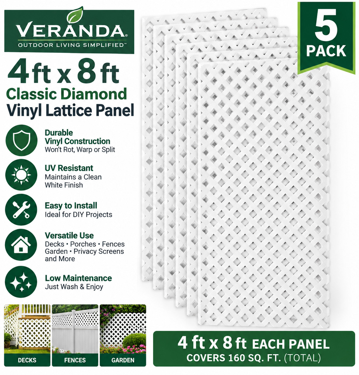 Veranda 4 ft x 8 ft White Classic Diamond Vinyl Lattice Panel Outdoor 5 Pack