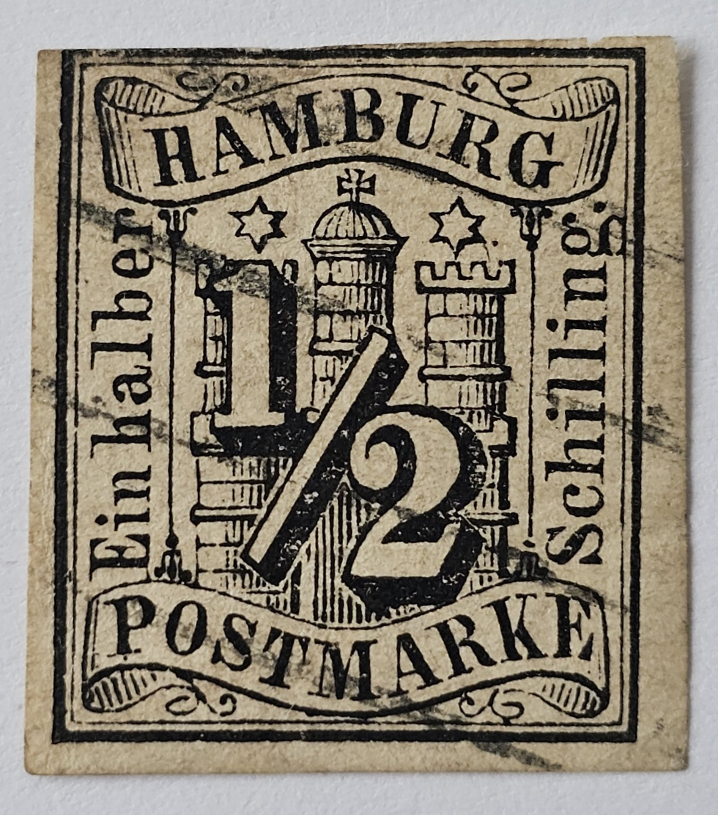 HAMBURG CLASSICS VERY RARE 1859 1/2s IMPERF VFU. SIGNED on BACK. €750. Mi 1