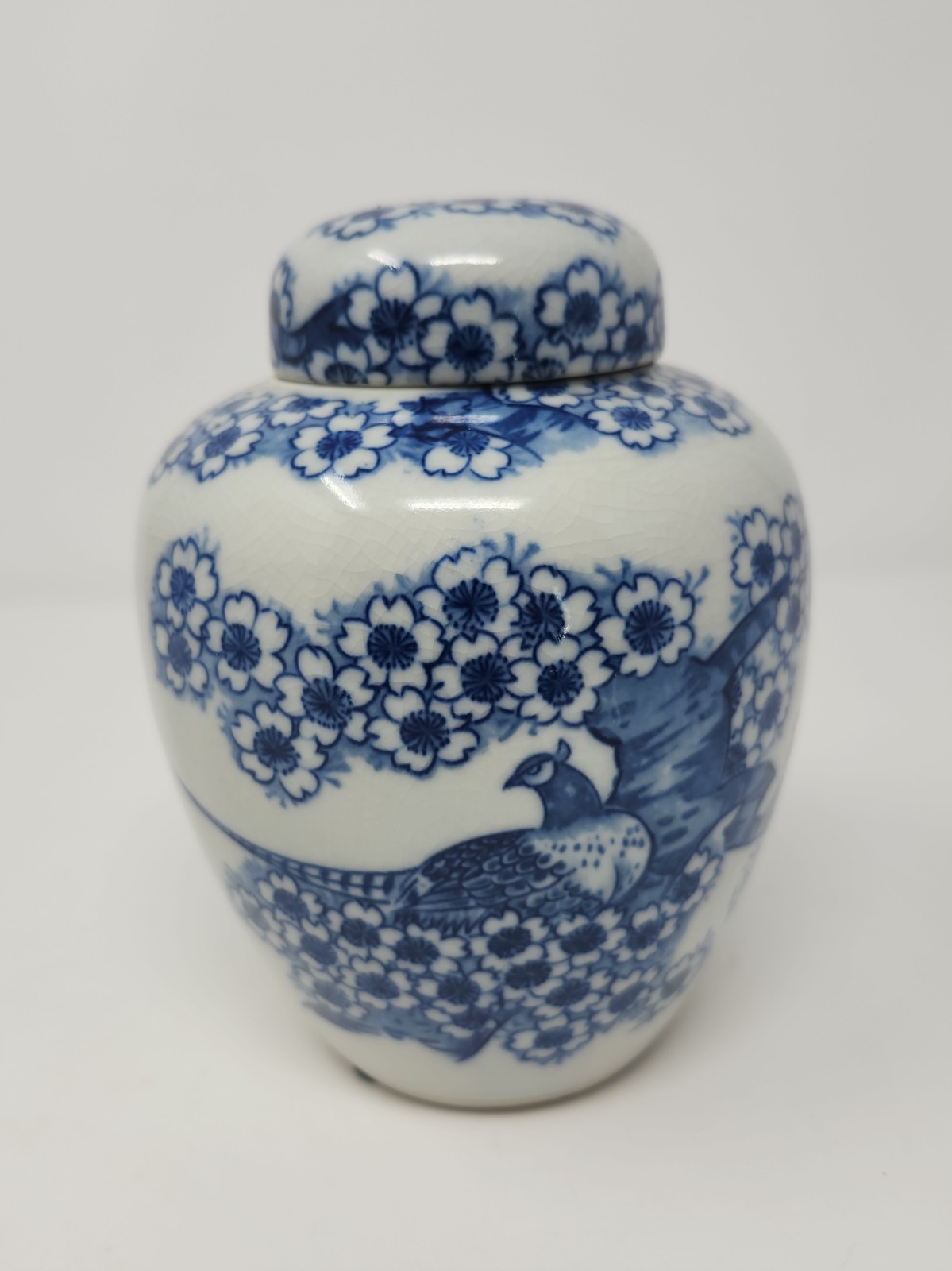 Vintage Blue & White Chinoiserie Ginger Jar Peacock Porcelain Japan Sakura