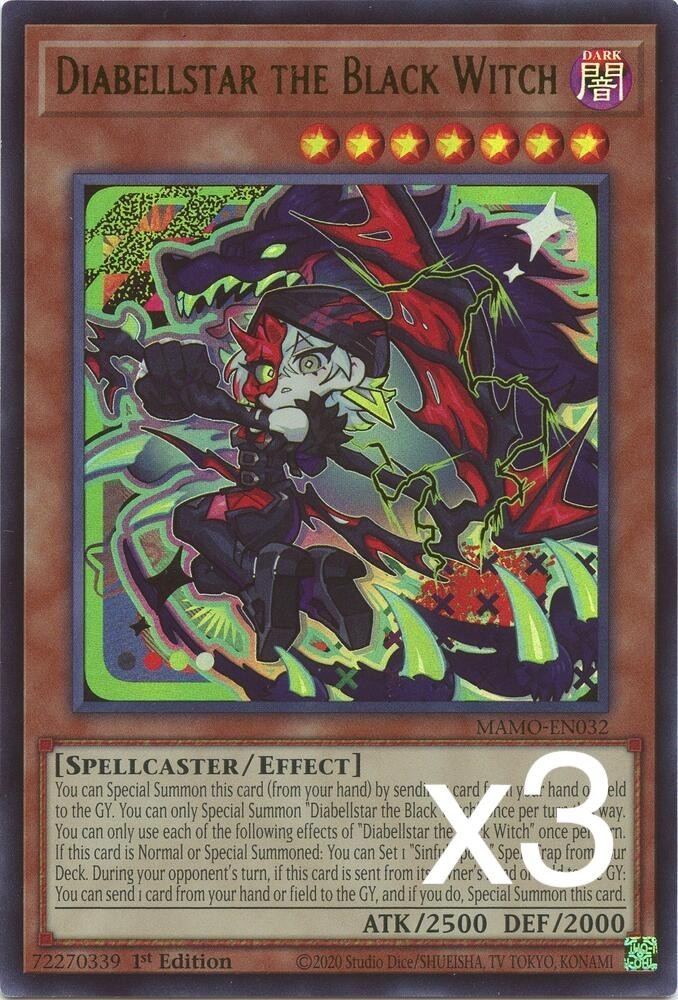 3X Yugioh Diabellstar the Black Witch MAMO-EN032 Ultra Rare 1st Edition NM 3X Yugioh Diabellstar the Black Witch MAMO-EN032 Ultra Rare 1st Edition NM