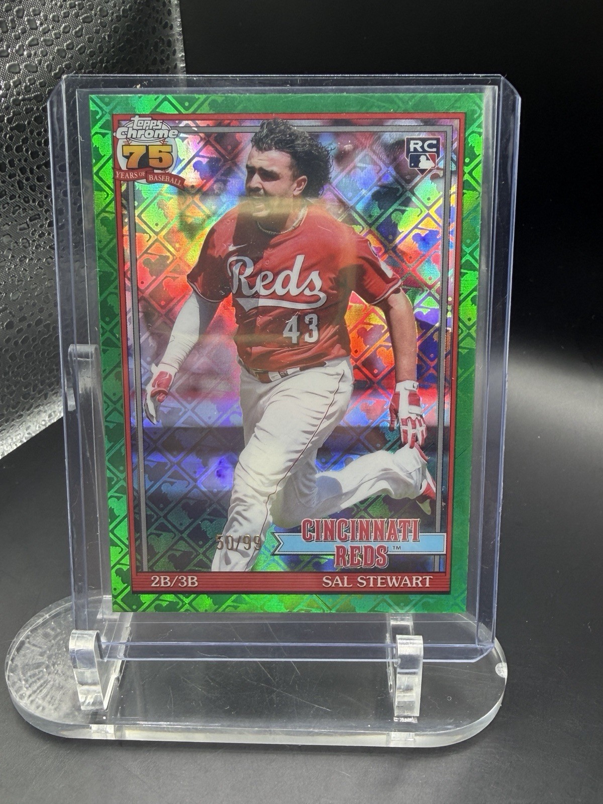 2026 Topps Chrome #91CB-21 Sal Stewart 35th Anniversary Green Logofractor /99 2026 Topps Chrome #91CB-21 Sal Stewart 35th Anniversary Green Logofractor /99