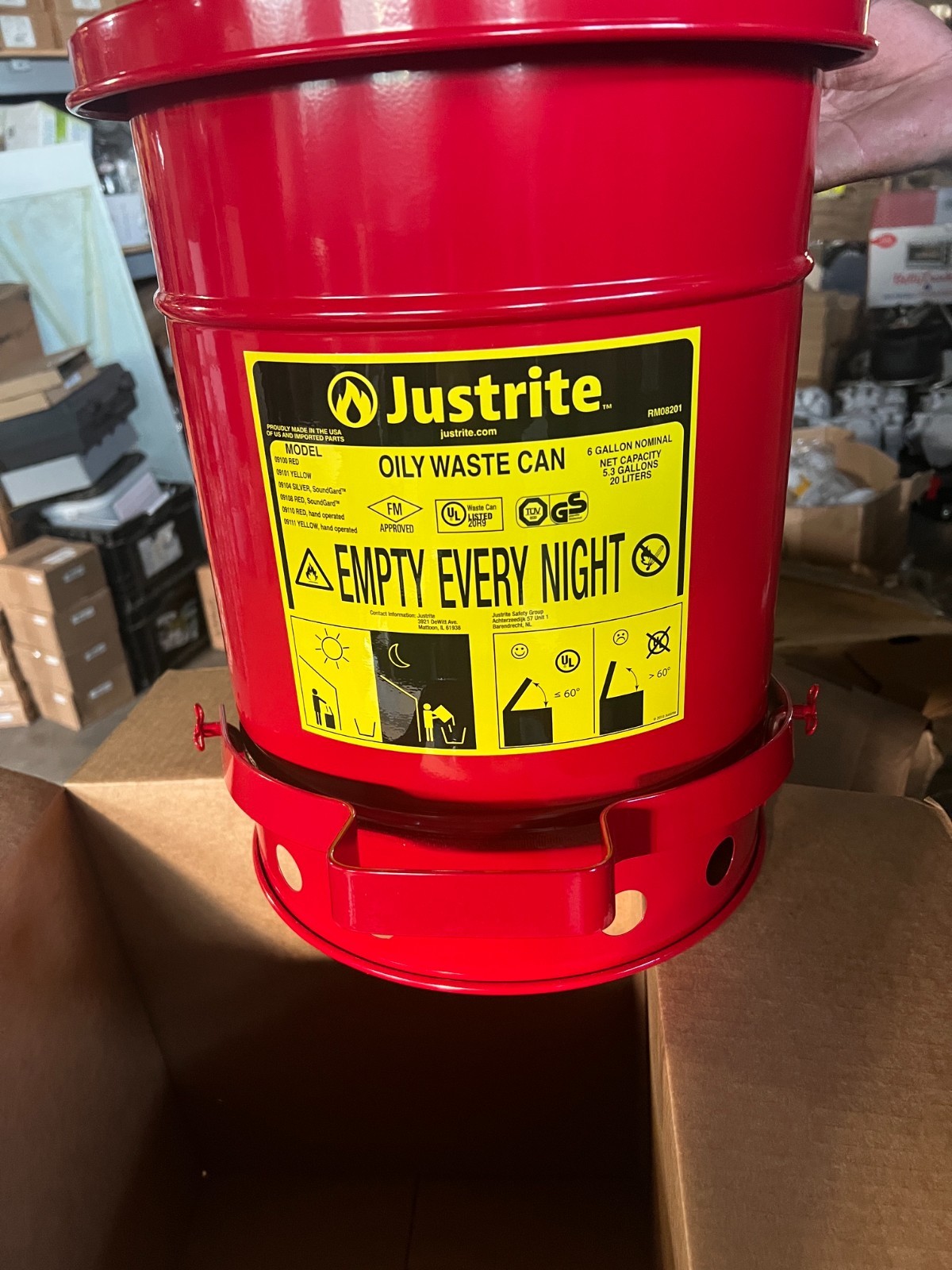 Justrite 6 Gallon Galvanized Steel Oily Waste Can - 09100 - RED