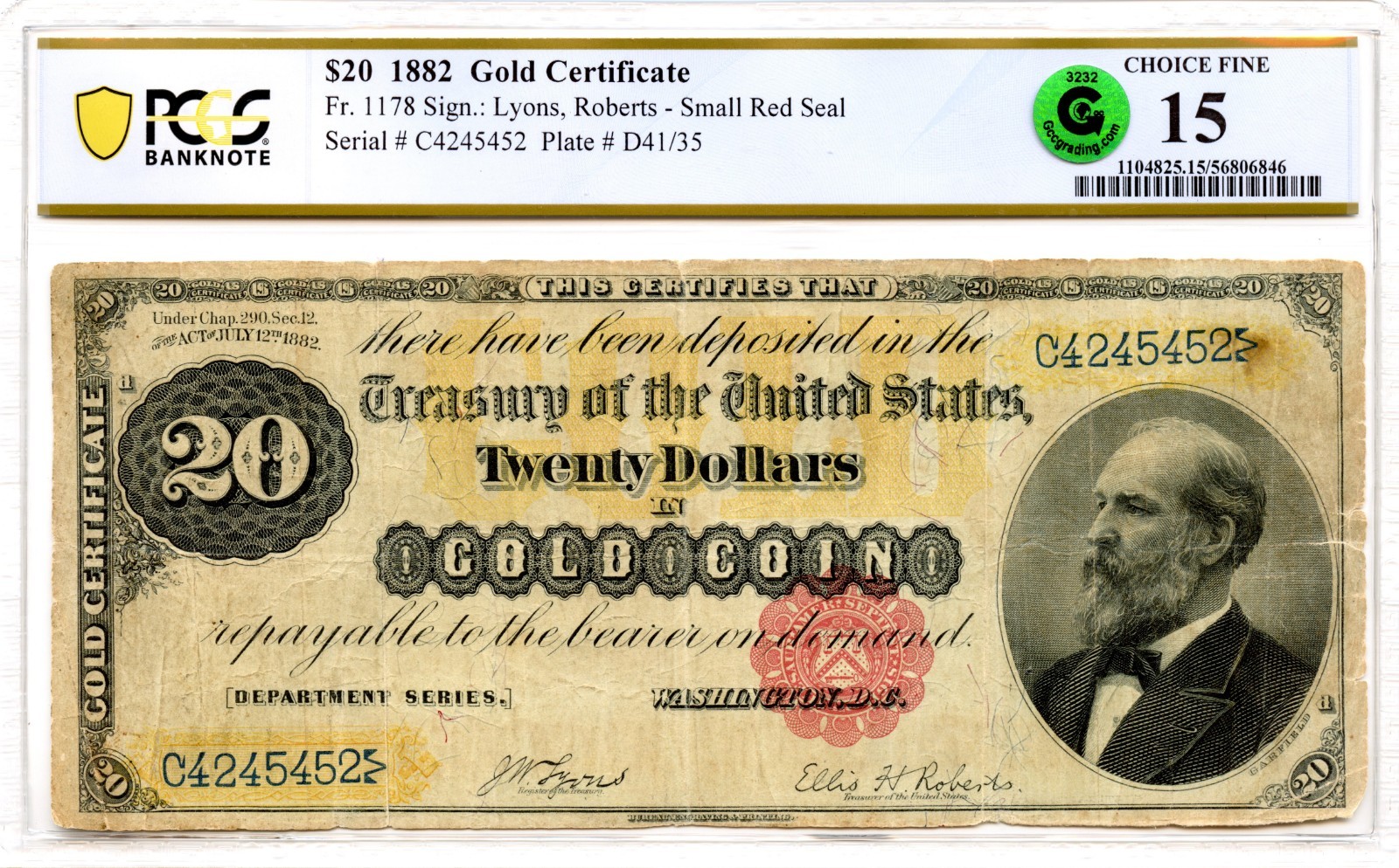 1882 $20 Gold Certificate Fr#1178 PCGS F-15 GCC Green
