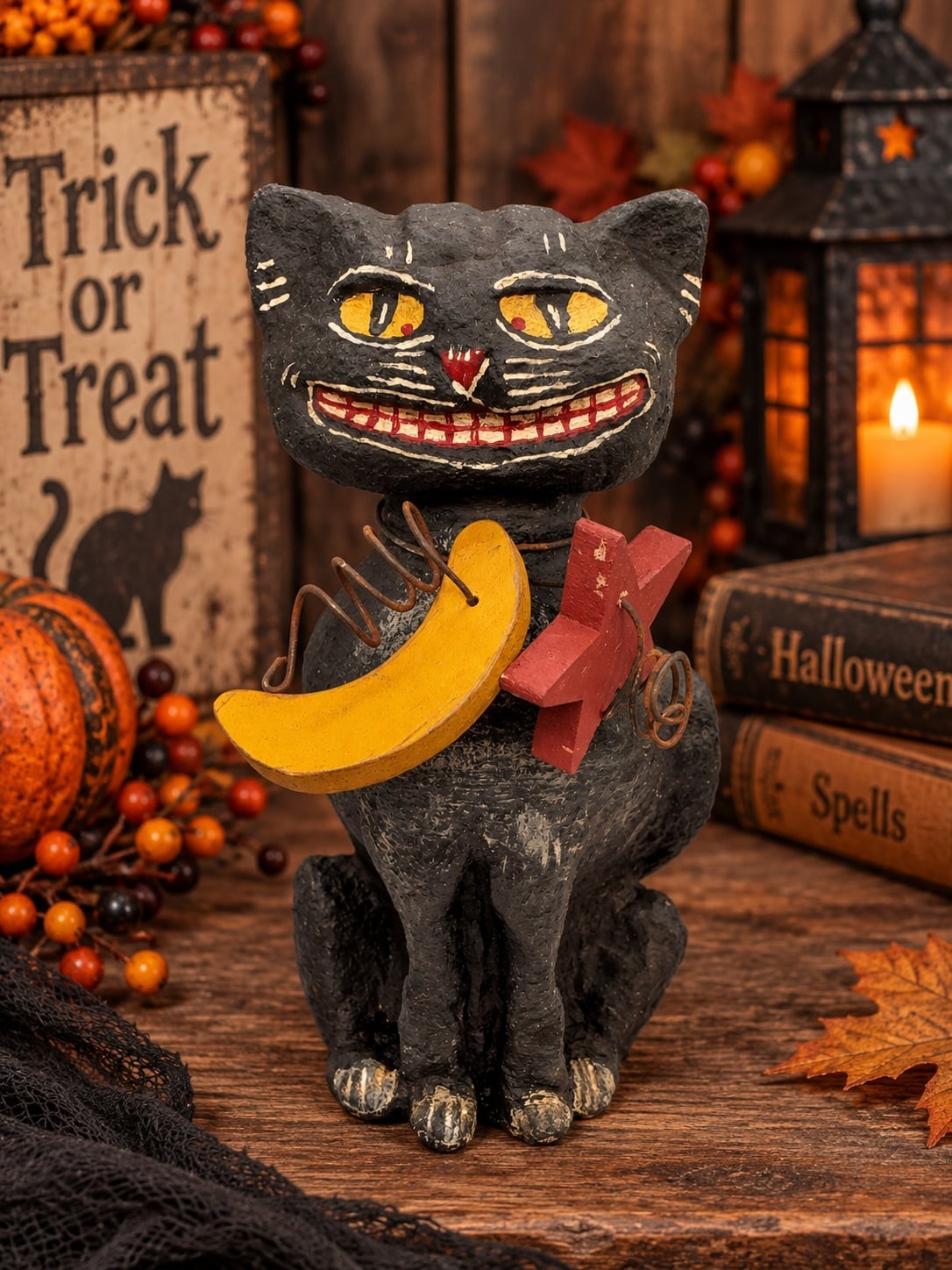 Primitive Halloween Black Cat Moon Figurine Folk Art Distressed Decor Chunky Vtg Primitive Halloween Black Cat Moon Figurine Folk Art Distressed Decor Chunky Vtg