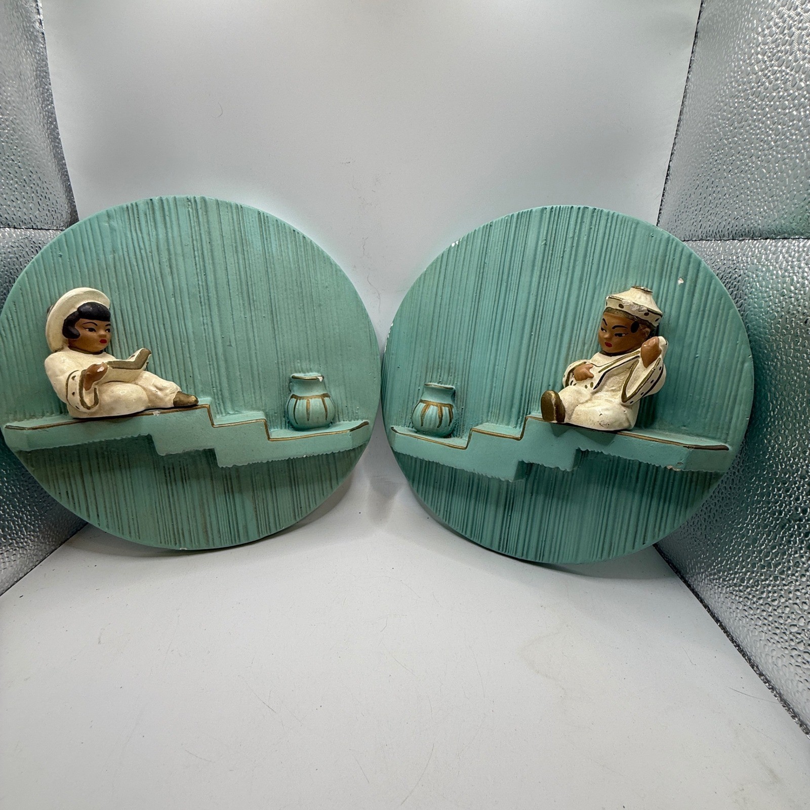 Vintage Mid Century Chalkware Wall Plaques Set of 2 Asian Figures Teal Gold 8.5\