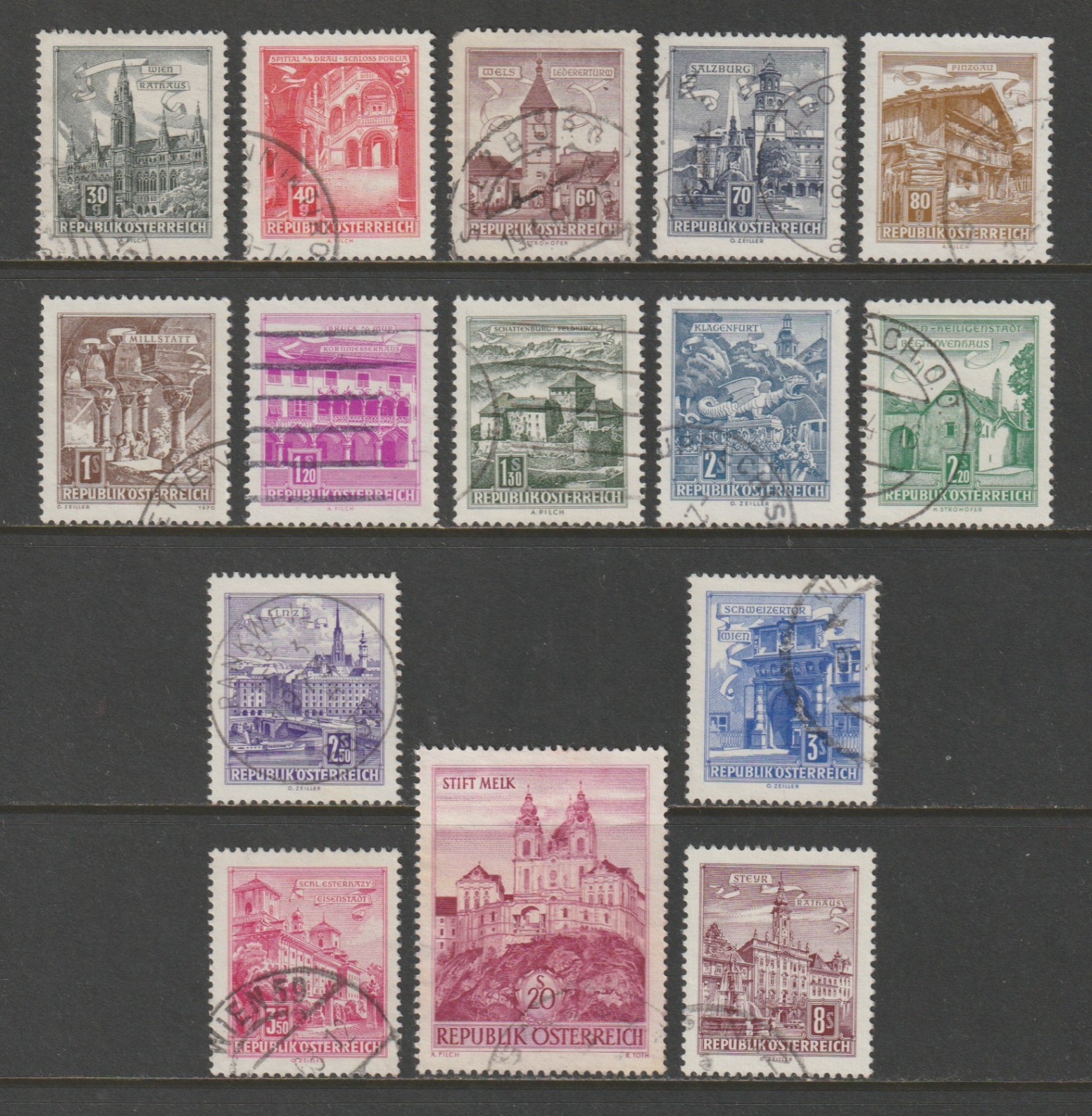 Austria, 1962-70 Scott #s 688-702, Used, Austrian Architecture, Complete Set