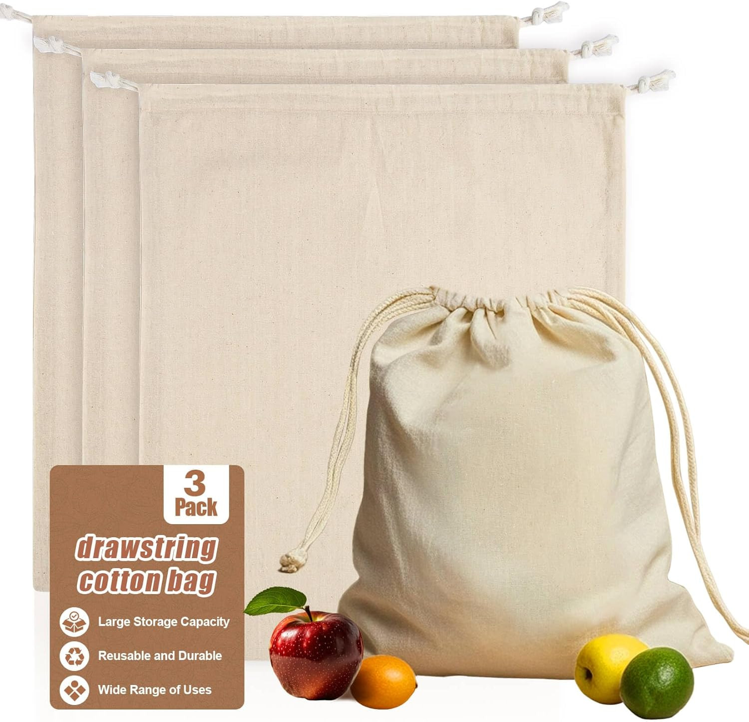 Cotton Storage Bags with Drawstrings - Rainflow 3 Pack 15X17 Inch Reusable Produ Cotton Storage Bags with Drawstrings - Rainflow 3 Pack 15X17 Inch Reusable Produ