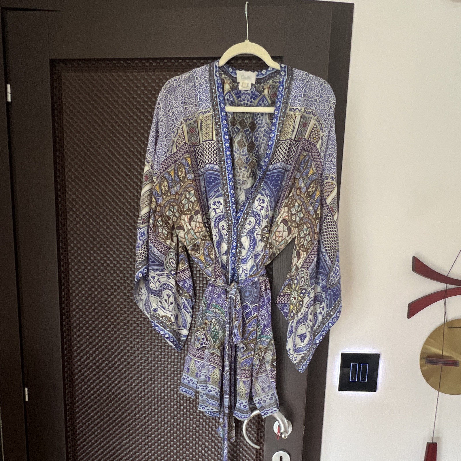 Camilla Women’s Blue White Paisley Kimono Robe Beaded Belted Tie S