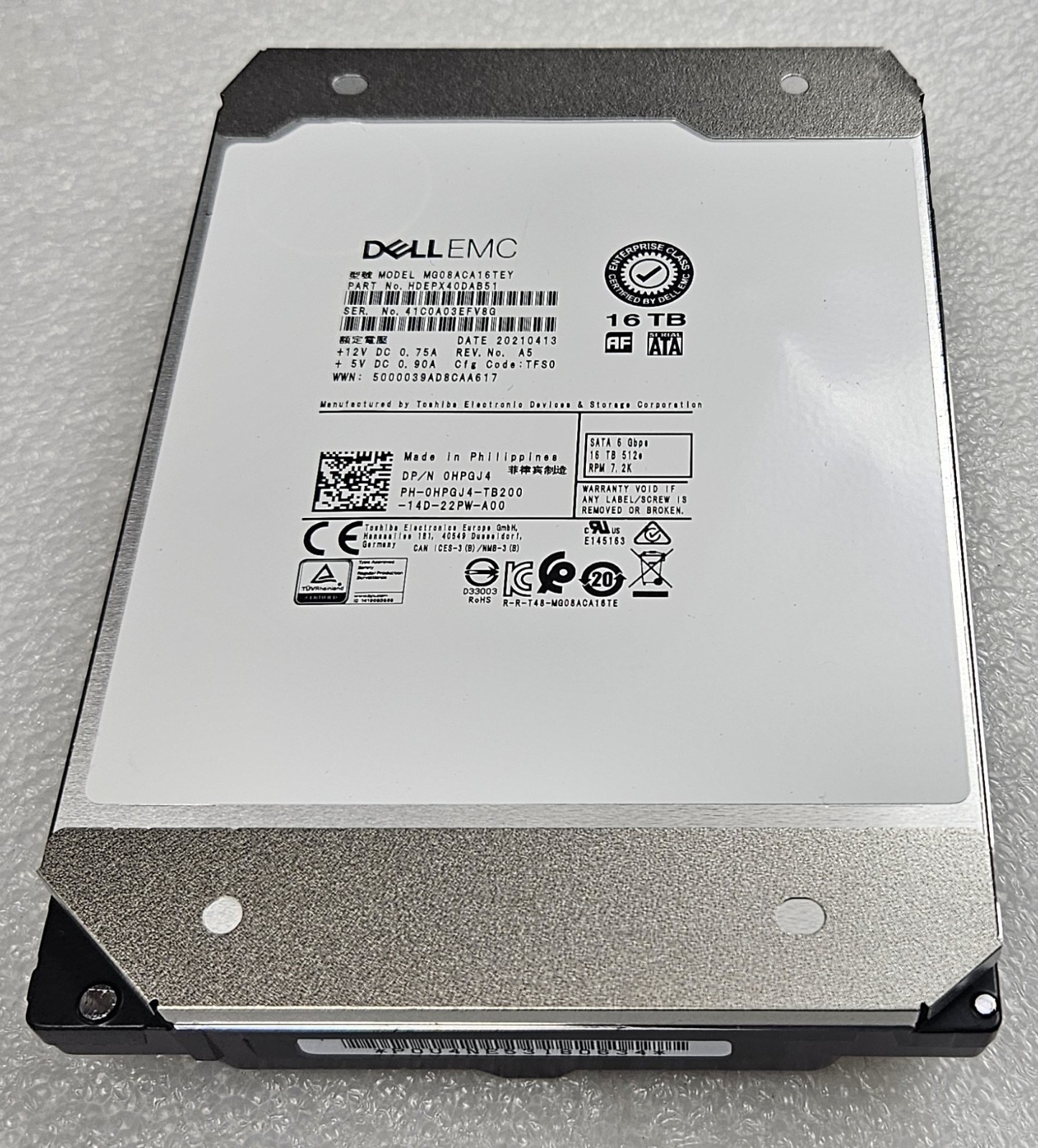 Dell 0HPGJ4 Toshiba MG08ACA16TEY 16TB 7.2K RPM 512e 6Gb/s 3.5
