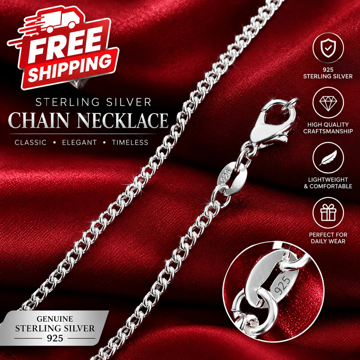 Genuine 925 Sterling Silver Curb Chain Necklace Lobster Clasp 16\
