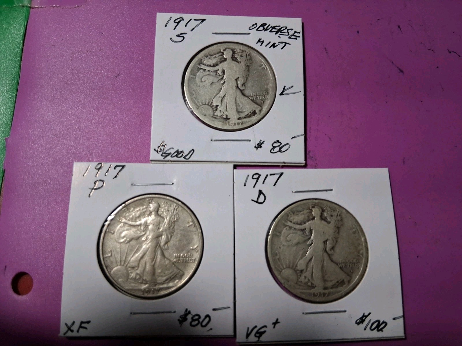 1917 -P,D,S. WALKING LIBERTY HALF DOLLAR. OBVERSE MINTMARKED AS PHOTOS 1917 -P,D,S. WALKING LIBERTY HALF DOLLAR. OBVERSE MINTMARKED AS PHOTOS