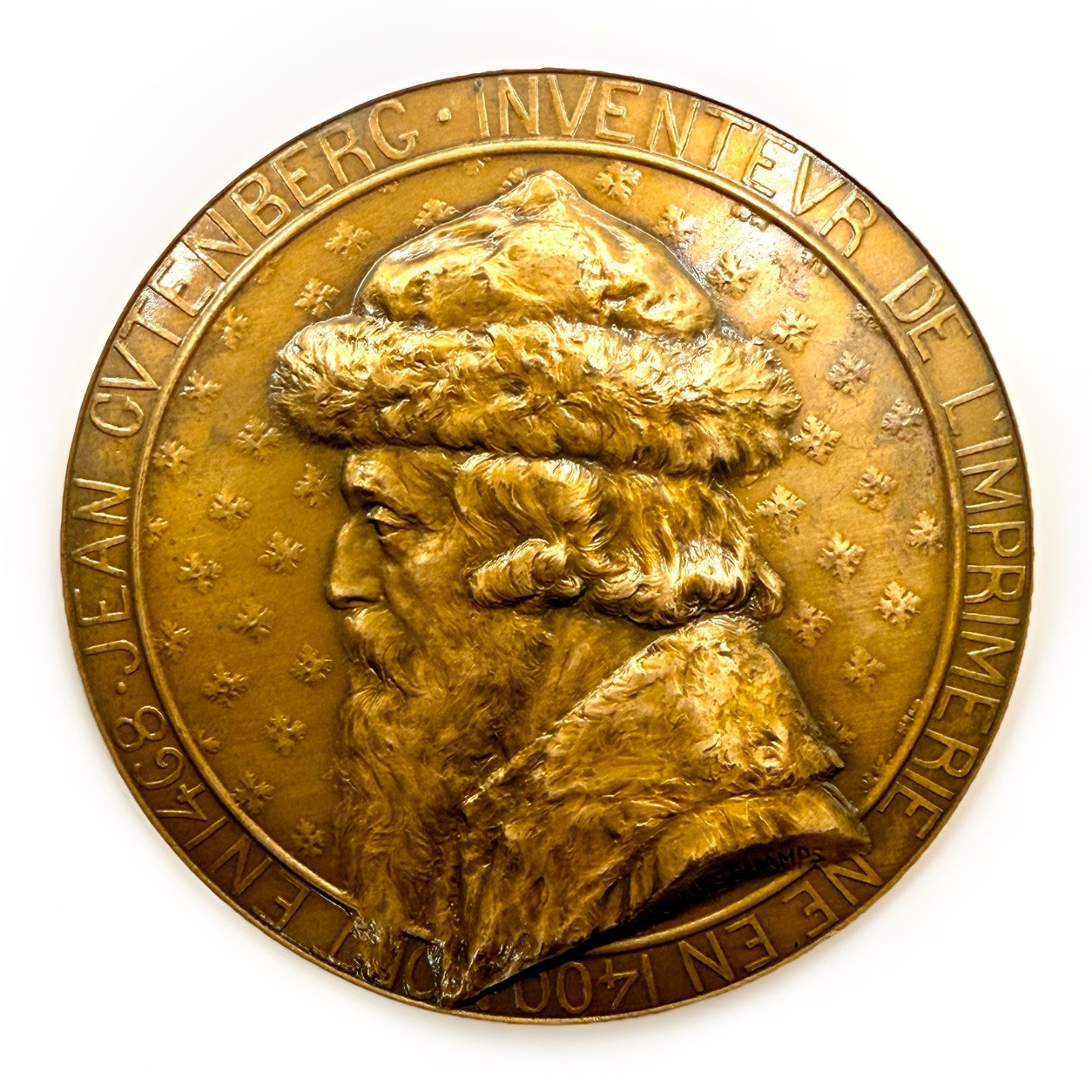 c1900s French Bronze Medal Johannes Gutenberg & Printing Press L Deschamps 75mm