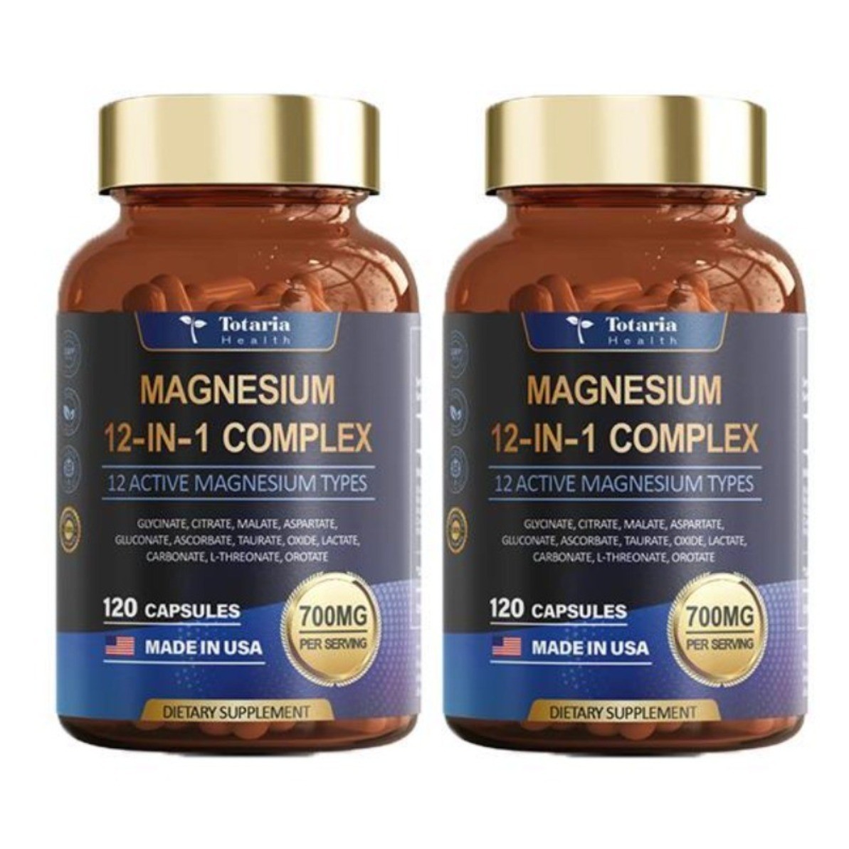 2 bottles Totaria Magnesium 12-in-1 Complex 700mg 12 Active 120C Muscle & Rel