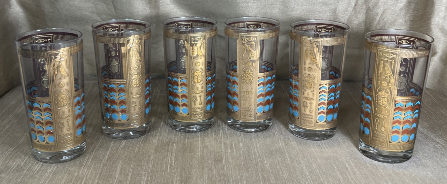 VTG Georges Briard Highball Egyptian Revival Highball Set Turquoise 22K Gold MCM VTG Georges Briard Highball Egyptian Revival Highball Set Turquoise 22K Gold MCM
