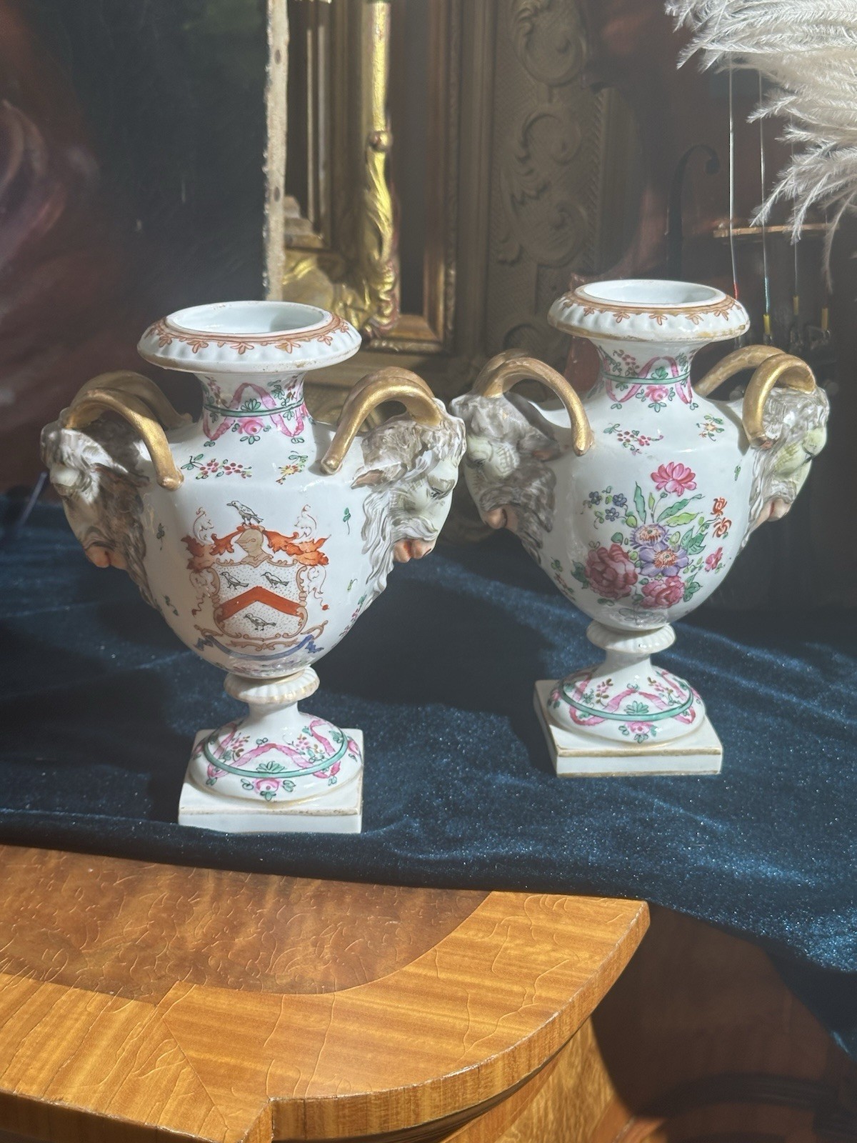 Pair Antique French Porcelain Armorial Ram Head Urns Edme Samson et Cie