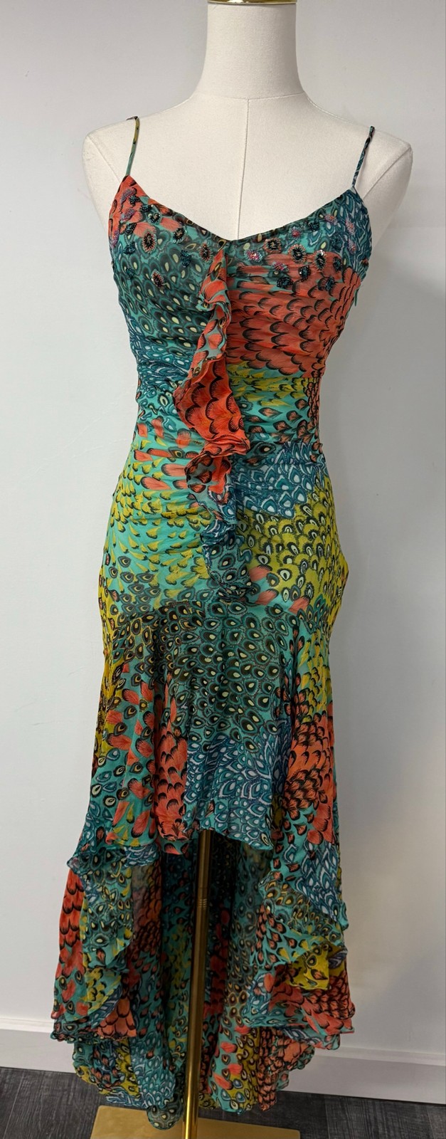 BCBGMAXAZRIA Peacock Print Ruffle High-Low Maxi Dress Size 4