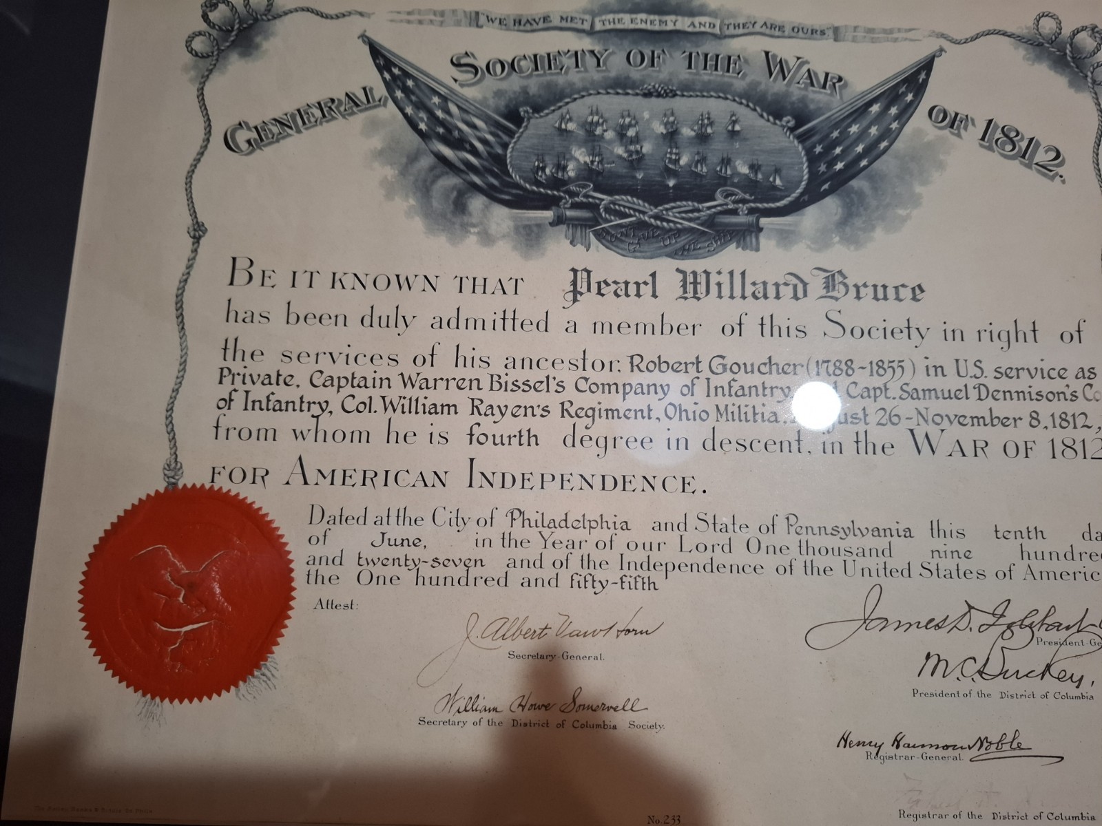 1927 Society War of 1812 Certificate Pearl Willard Bruce No 233 Signed Framed.
