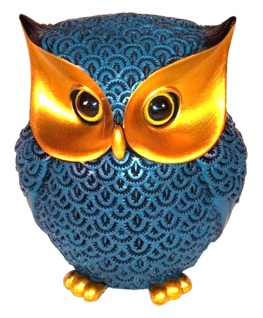 Teal Owl Figurine Statue with Gold Mask Eyes & Feet Textured Pattern Home Decor