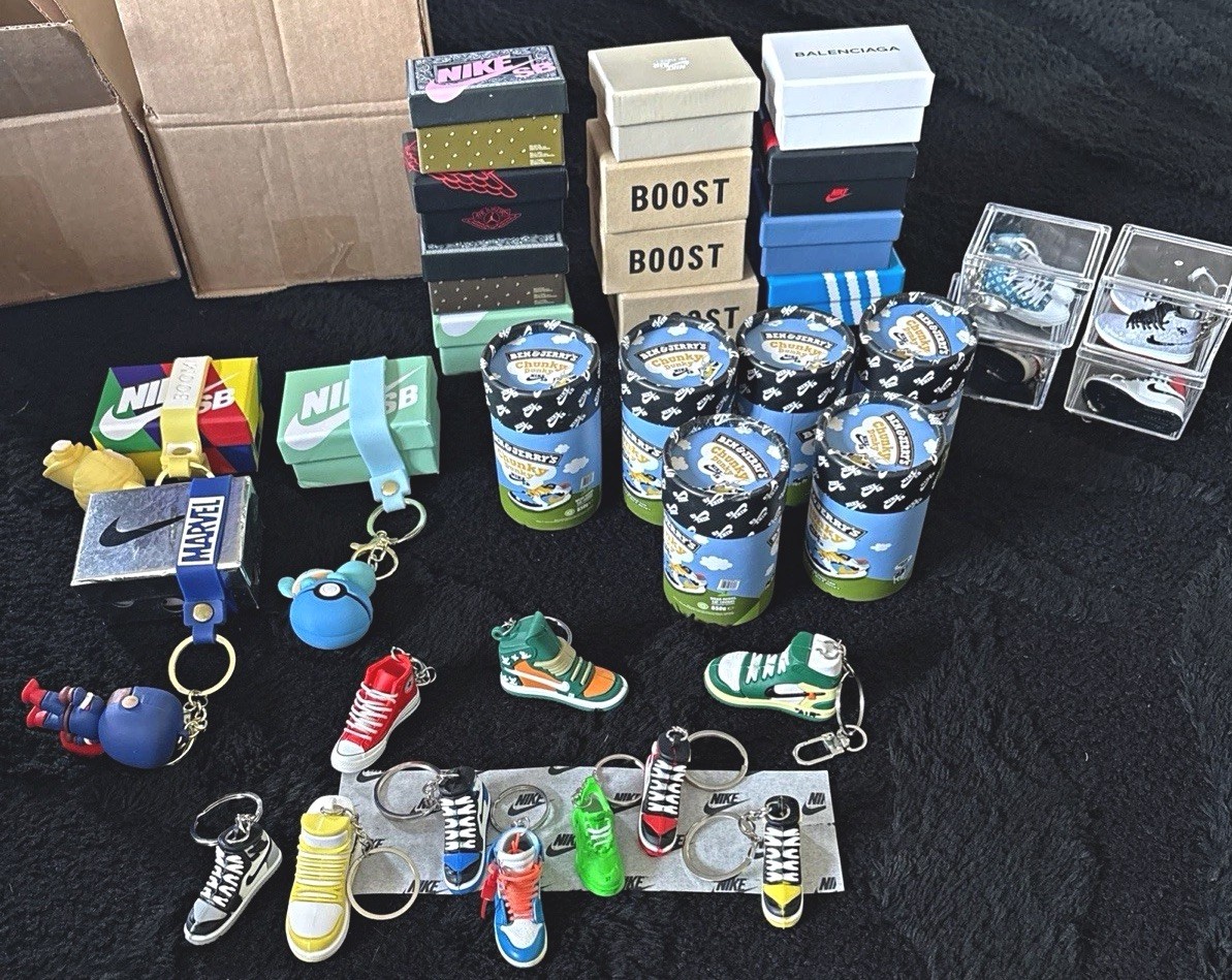 37 + Sneaker Keychain Job Lot w/ Mini Shoe Boxes & Ben & Jerry’s Tubs 37+4