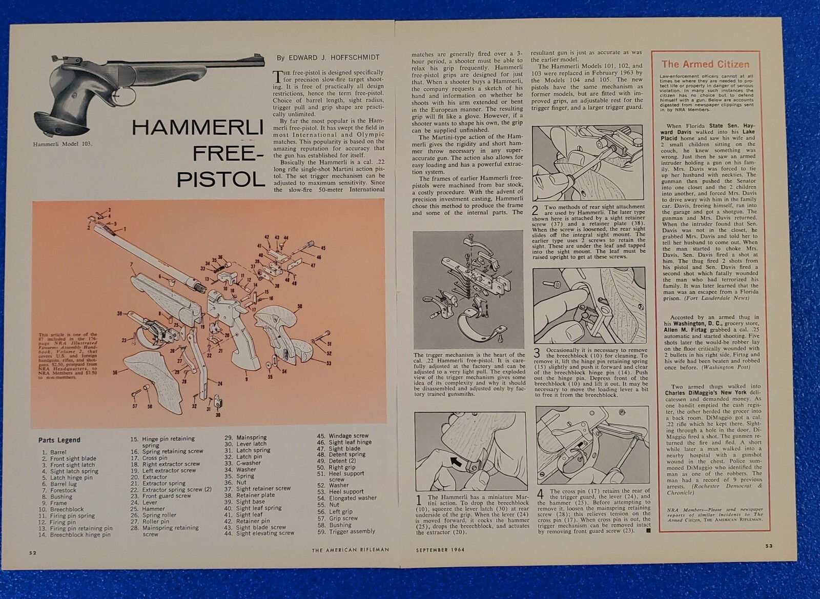 1964 HAMMERLI 22 PISTOL ILLUSTRATED PARTS BREAKDOWN OLYMPIC 2PG GUN ARTICLE/AD