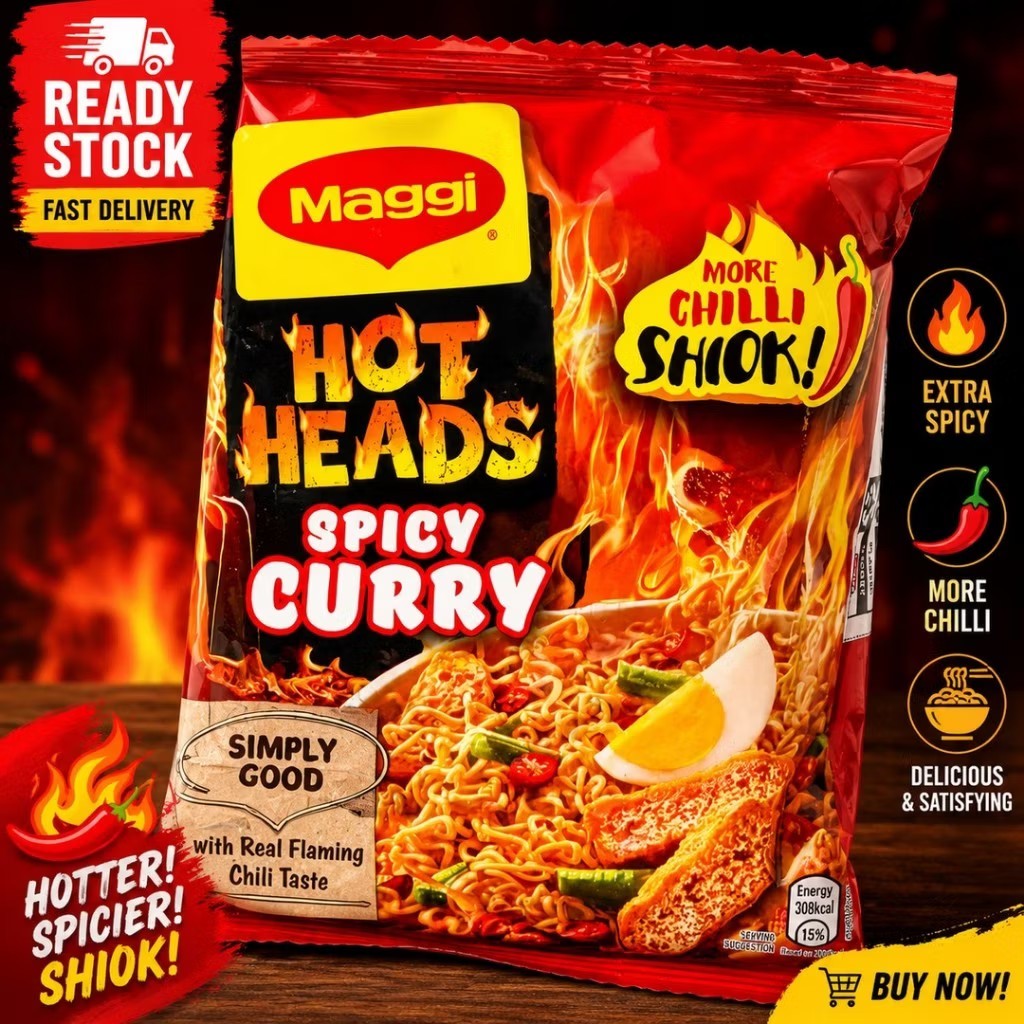 MAGGI Hot Heads Spicy Curry Instant Noodles Extra Spicy Malaysian Halal 5 pcs