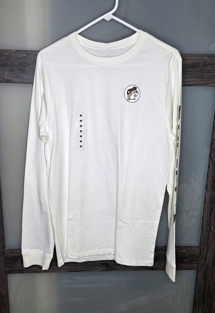 Buc-ee\'s Men\'s M White Long Sleeve Crew Neck Beaver Logo Graphic Cotton Tee