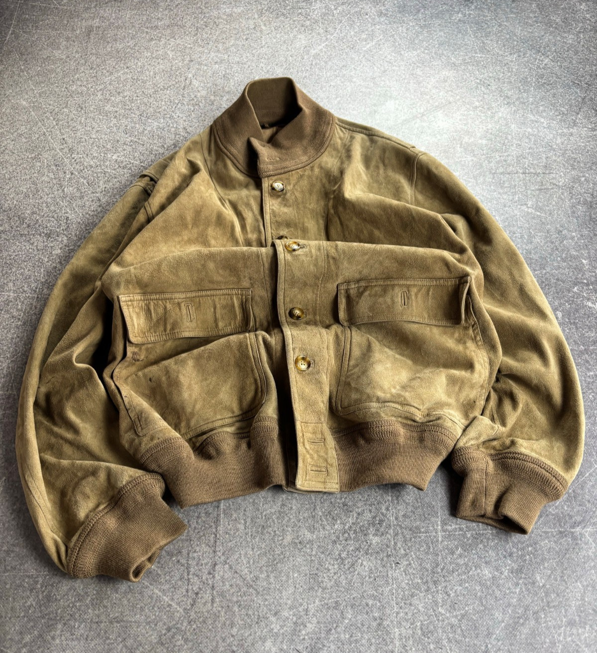 Vintage 80-90s Y2K Suede Leather Bomber Jacket Ribbed Collar Pocket Distressed