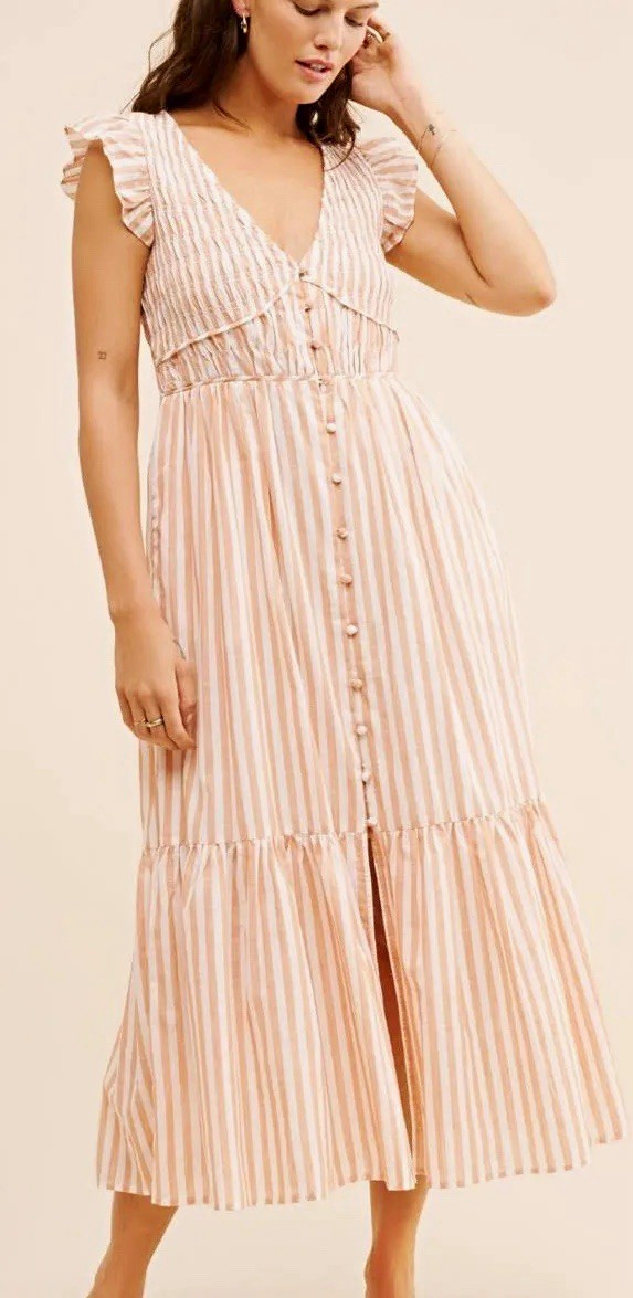 Anthropologie Peregrine Pink/White Striped V Sleeveless Button Ruffle Midi S