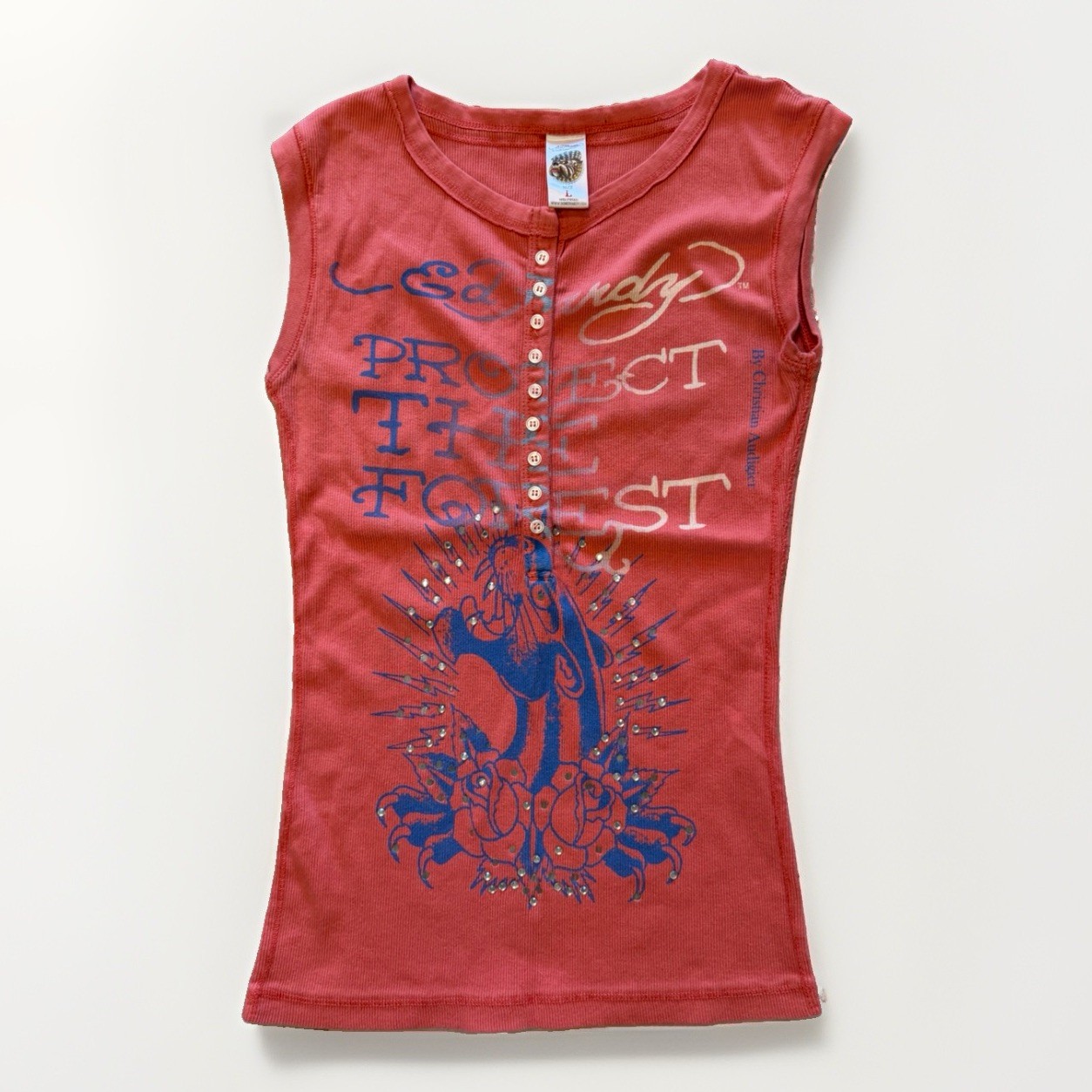 Vntg Y2K Ed Hardy Ribbed Henley Tank Pink Protect The Forest Made USA Slim Sz L Vntg Y2K Ed Hardy Ribbed Henley Tank Pink Protect The Forest Made USA Slim Sz L