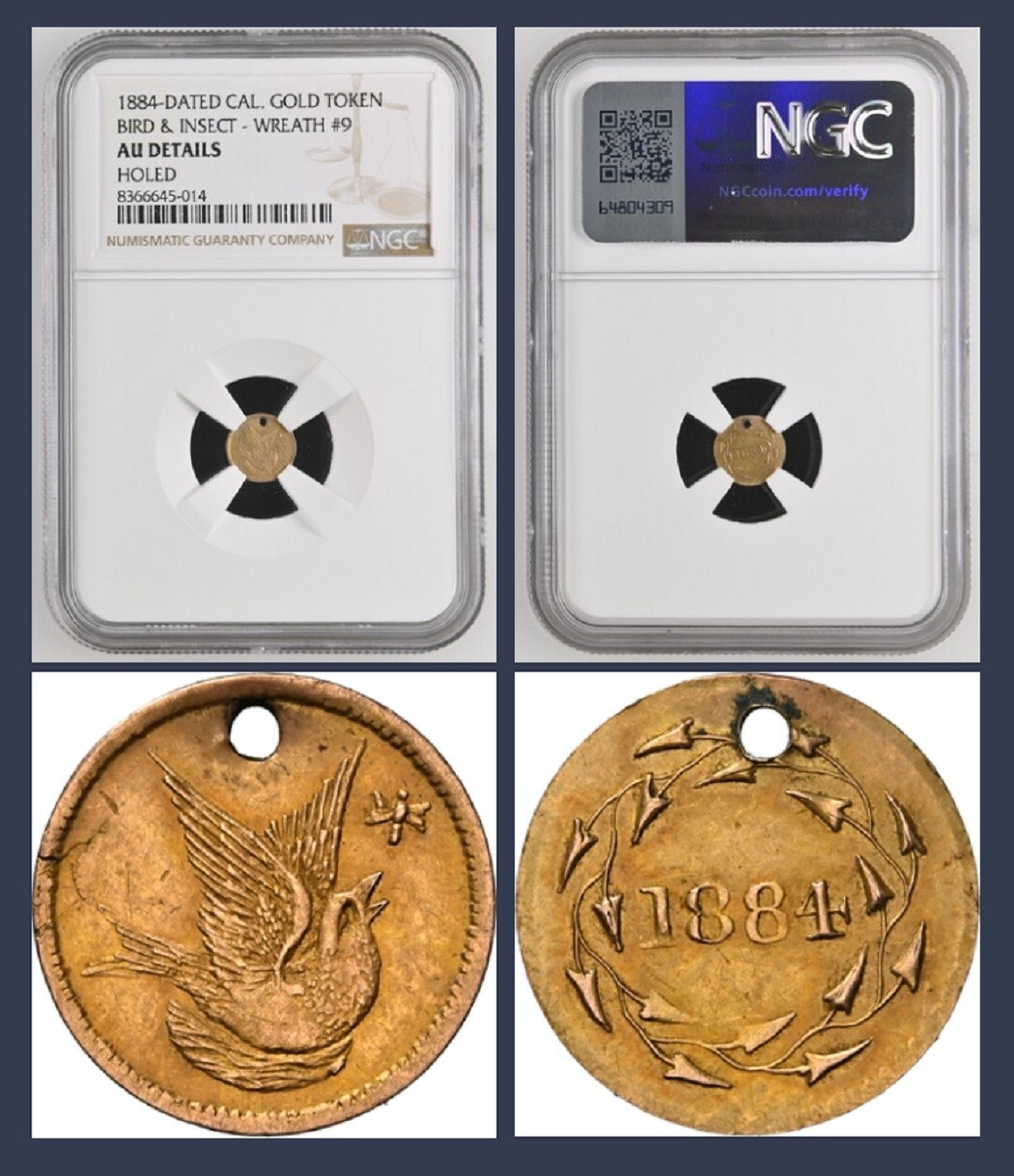 RARE 1884 California Fractional Gold, Bird & Insect, Pictorial Gold / NGC AU R.8