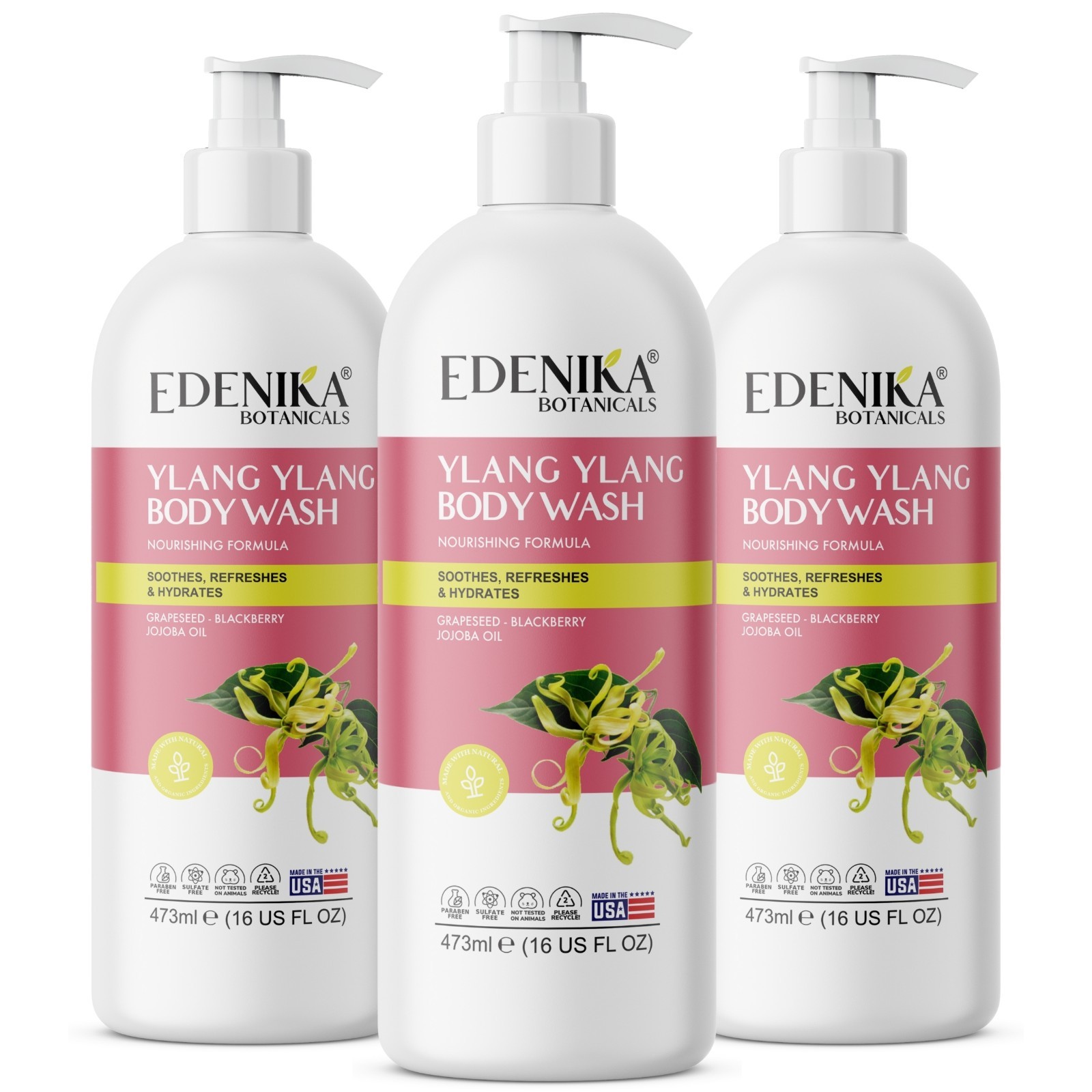Edenika 3 Pack Ylang Ylang Body Wash Moisturizing Stress Relief Shower Gel 16 oz