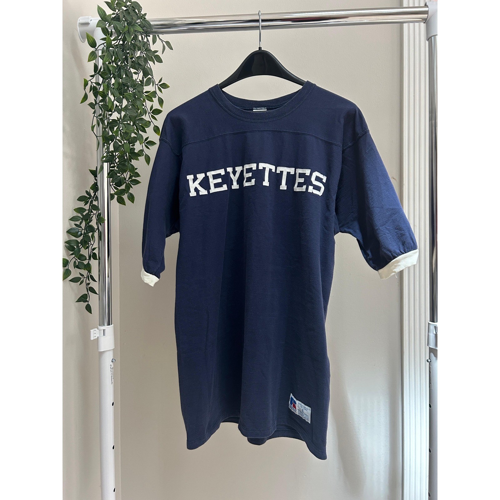 Vintage 80s Russell Athletic Keyettes Ringer Jersey Tee Navy Large Made in USA