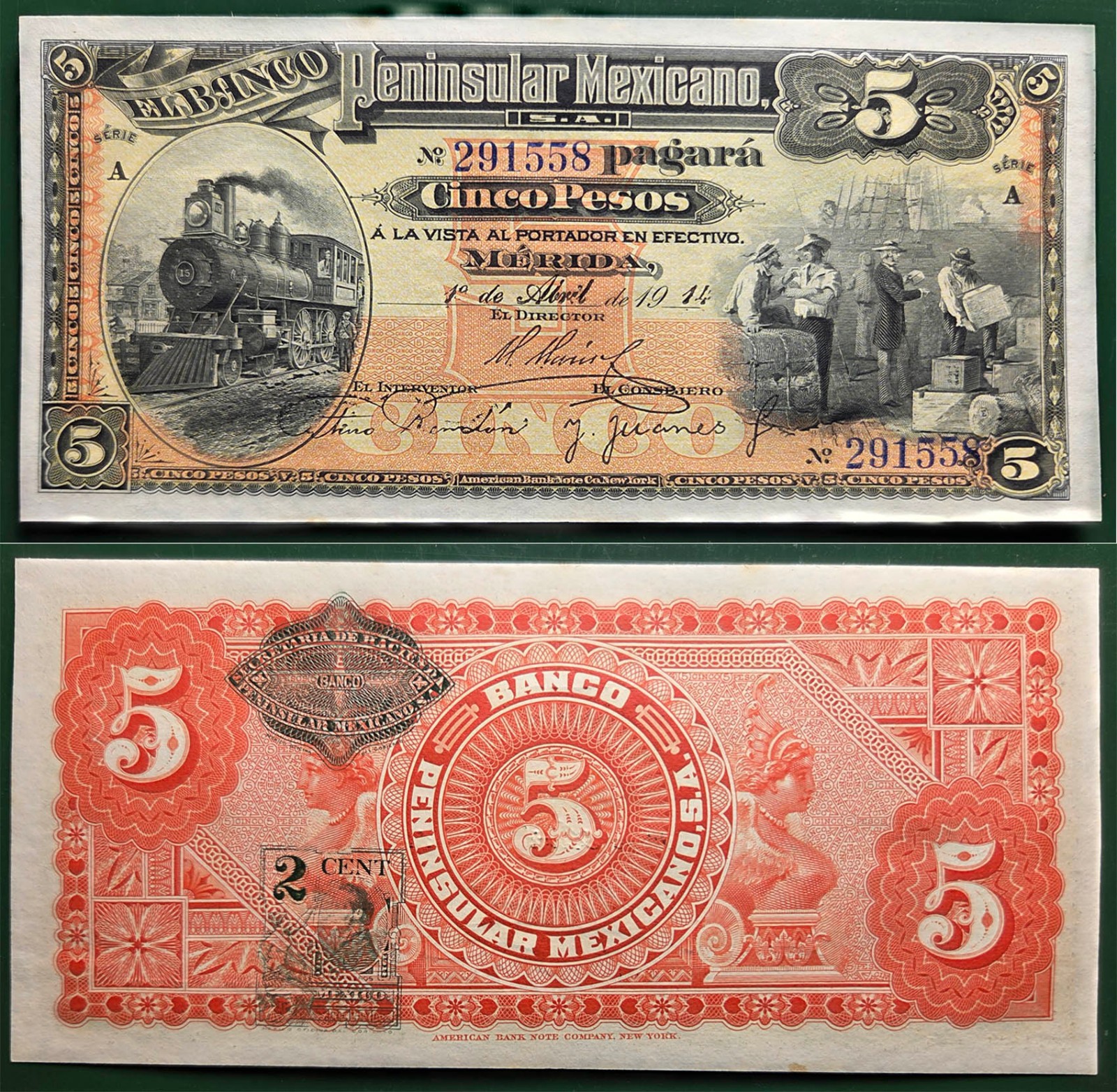 #2914 BANCO PENINSULAR MEXICANA (MERIDA) 5 PESOS - CHOICE UNC