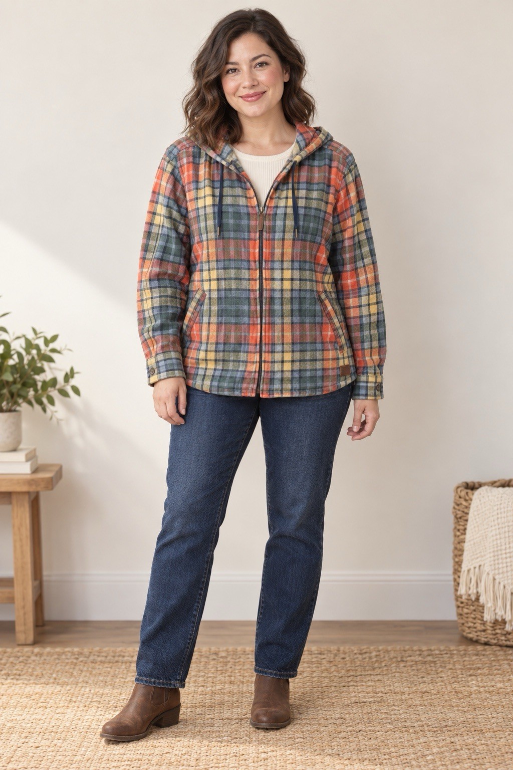 L.L.Bean Women’s Hooded Full Zip Plaid Jacket Relaxed Fit PXL Petite