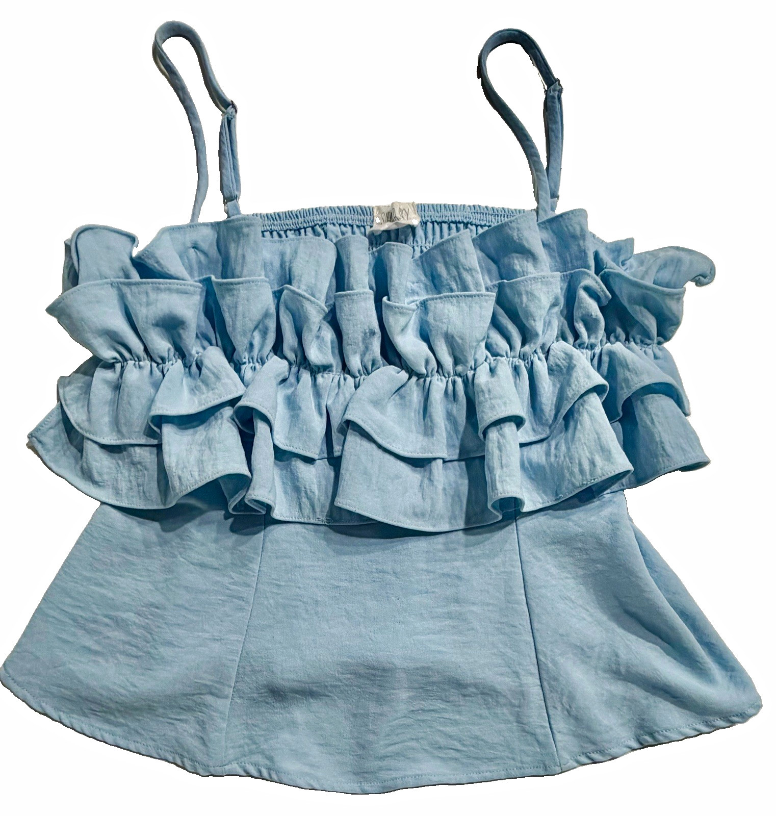 Top Sienna Sky Womens M Blue Solid Smocked Ruffle Sleeveless Camisole Tank Top Sienna Sky Womens M Blue Solid Smocked Ruffle Sleeveless Camisole Tank