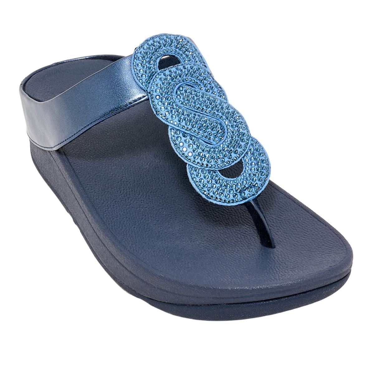 FitFlop Fino Crystal-Twist Metallic Toe-Post Sandal Cosmic Blue US 7 EUR 38 NIB