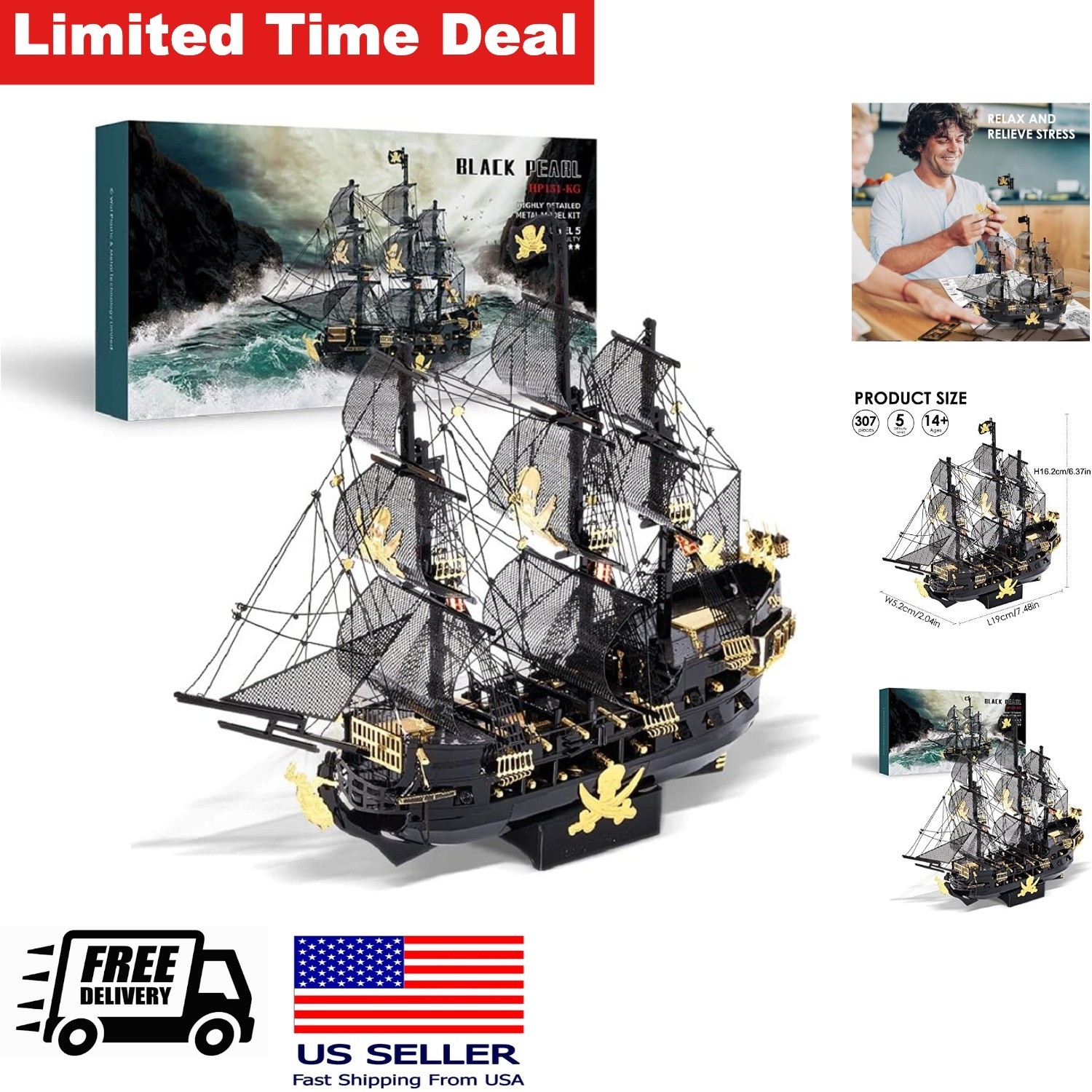 3D Metal Puzzle Black Pearl Pirate Ship DIY Craft Kit 307Pcs for Adults