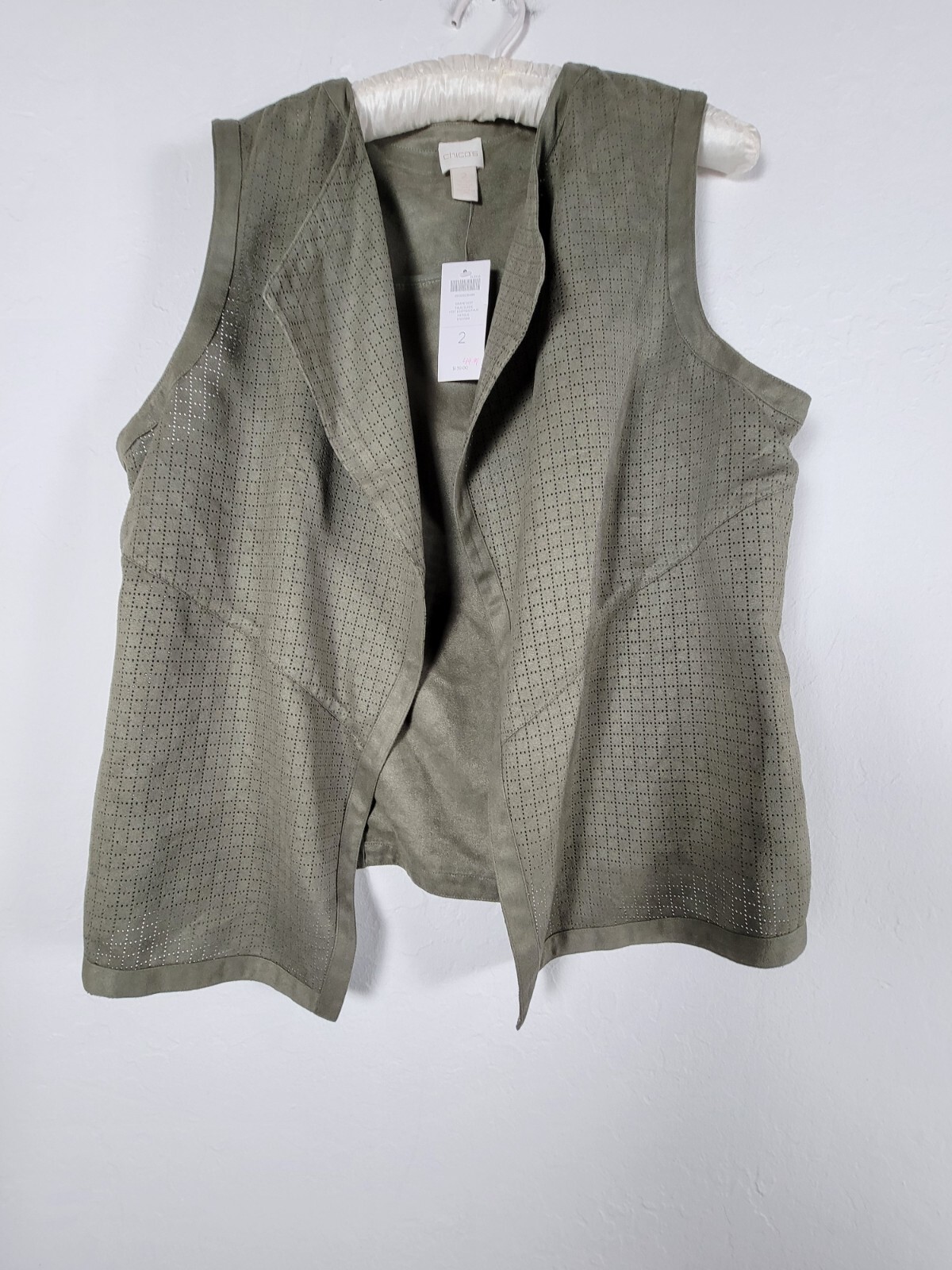 Chico\'s Womens Vest Jacket Size 2 Fatigue Green Drape Faux Suede Grunge New